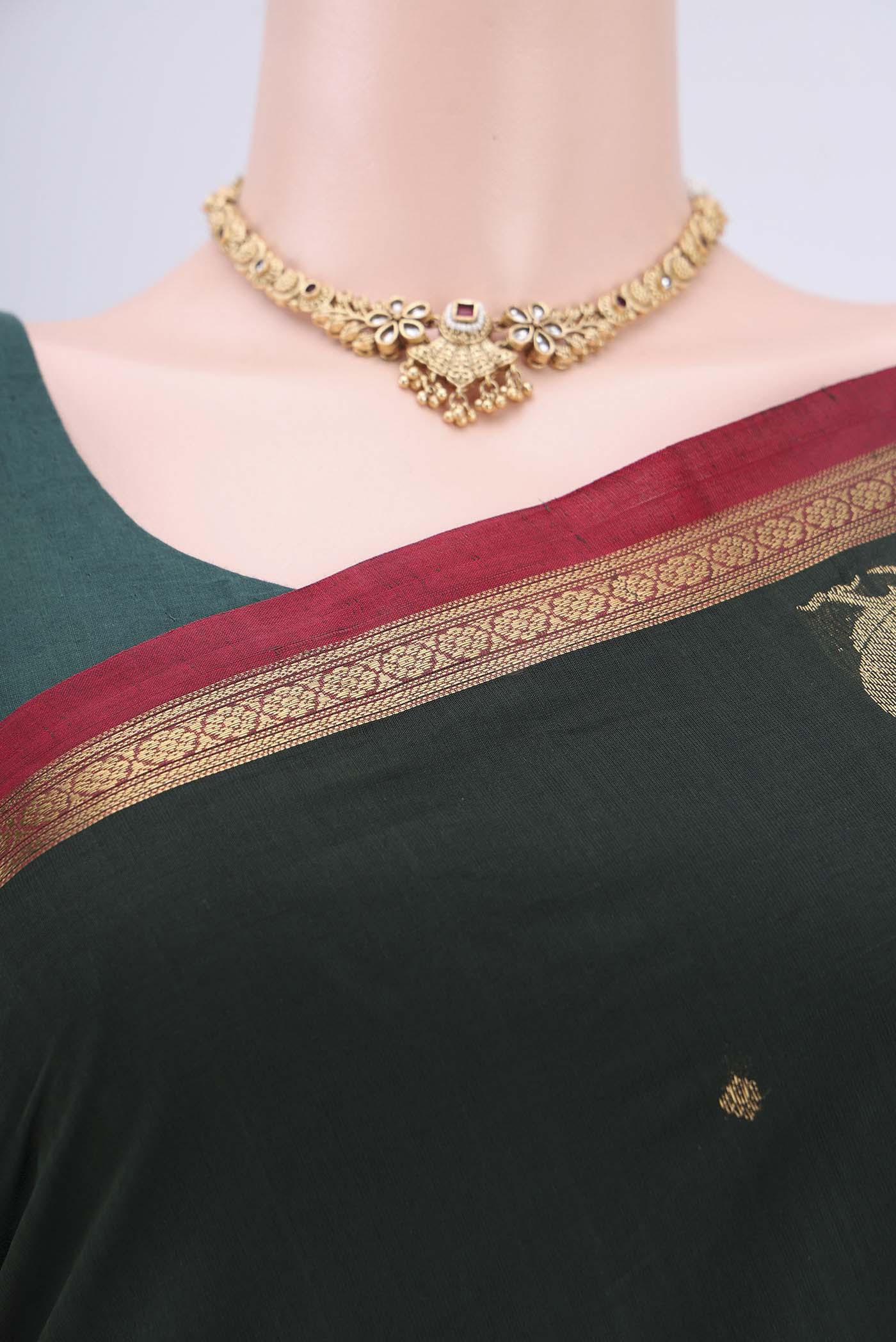 Bottle Green Kanchi Cotton Saree - Image 2