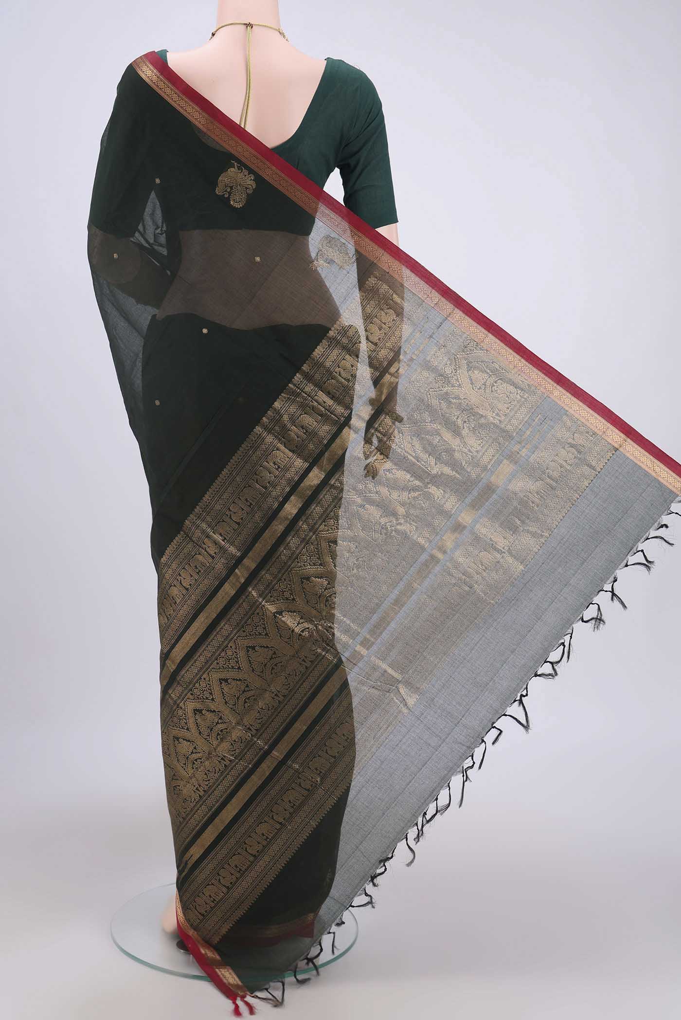 Bottle Green Kanchi Cotton Saree - Image 3