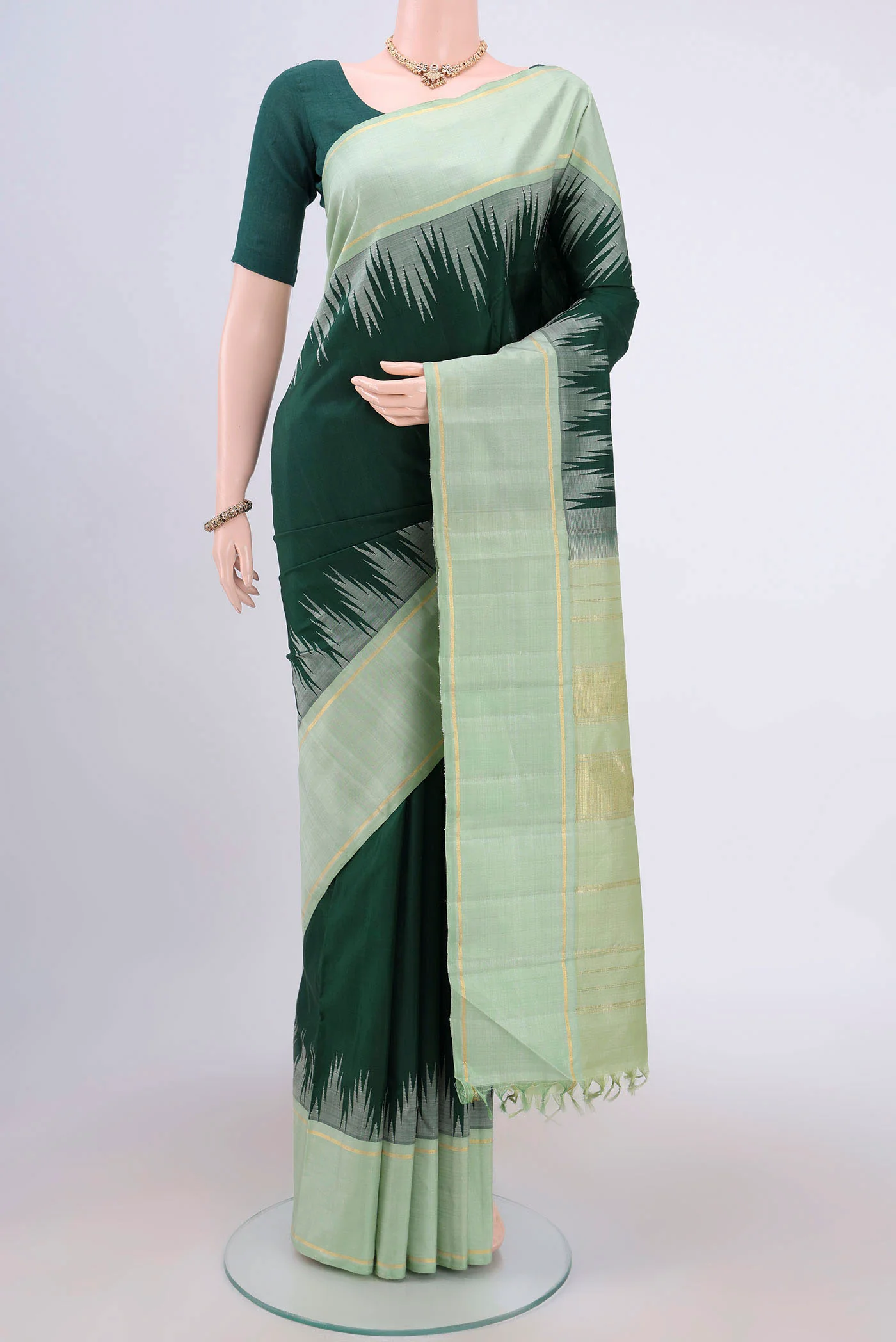 Pure Silk Pure Zari Bottle Green Kanjivaram Saree
