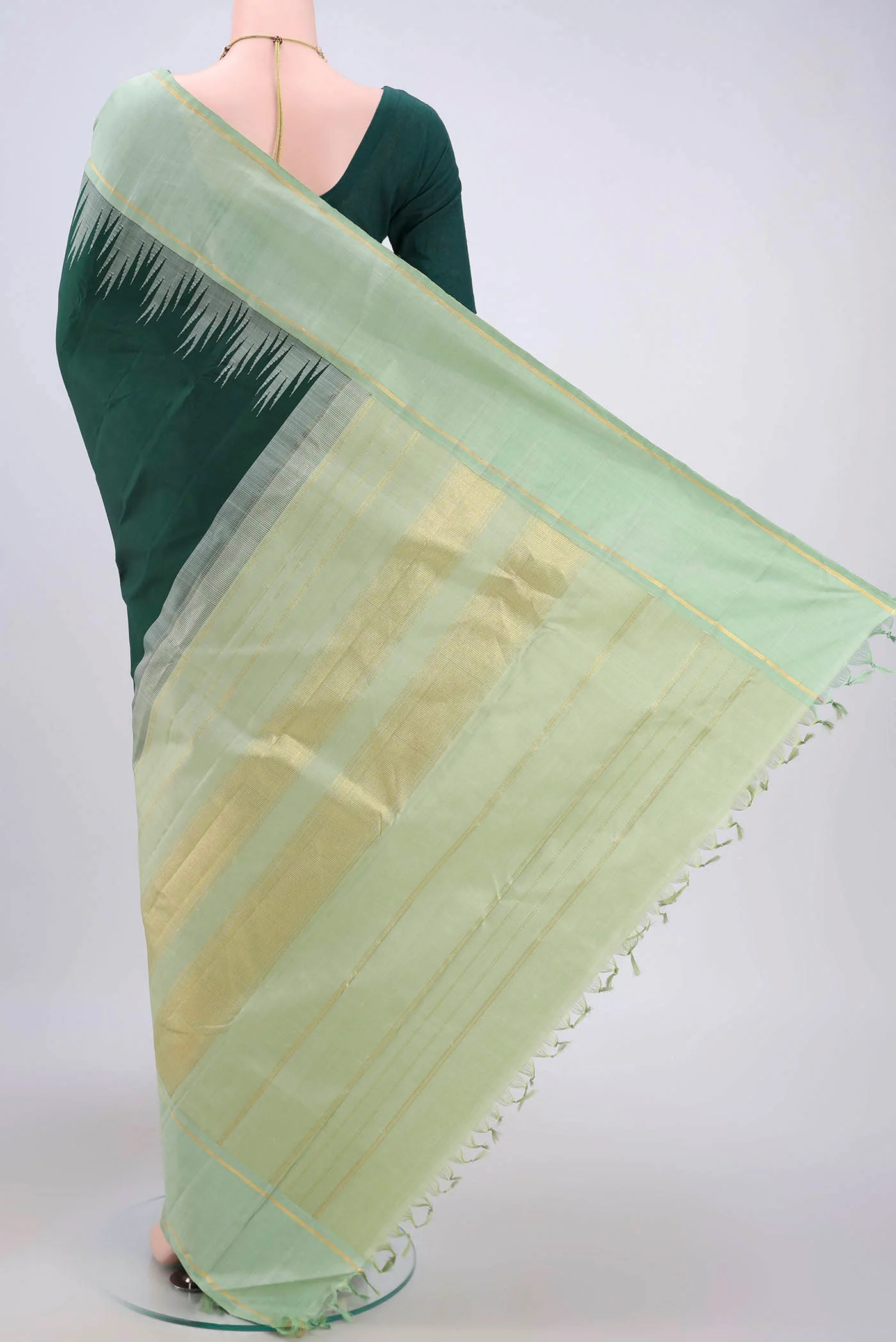 Pure Silk Pure Zari Bottle Green Kanjivaram Saree - Image 3