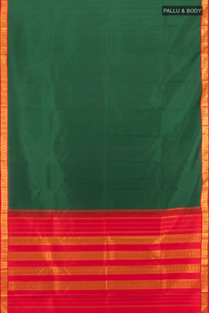 Pure Silk Pure Zari Bottle Green Kanjivaram Saree - Image 5