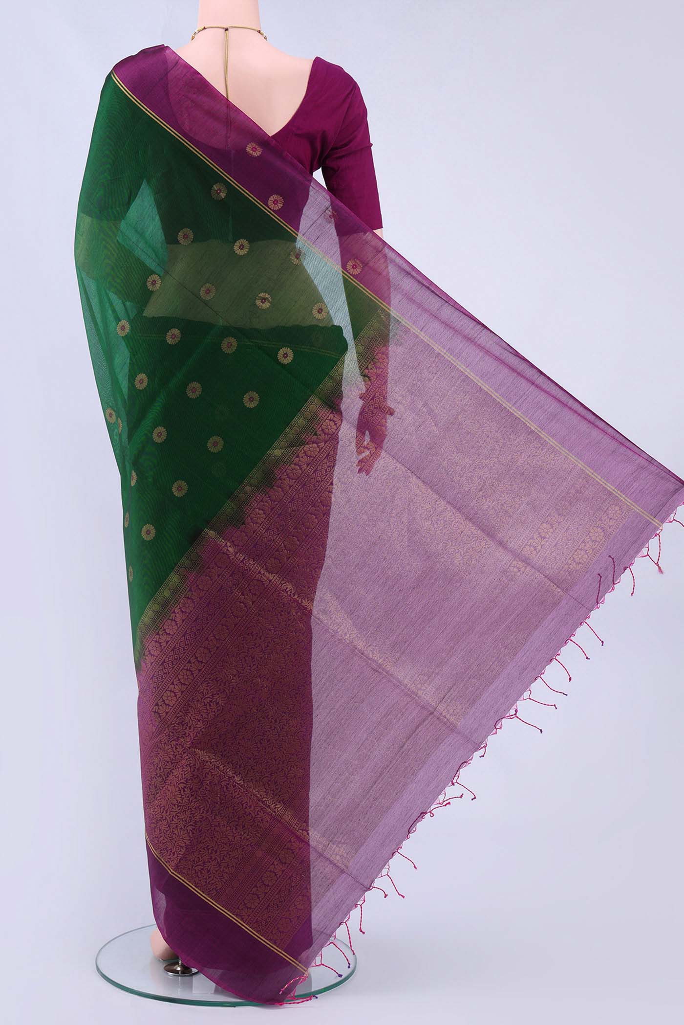 Bottle Green Kora Cotton Saree - Image 3