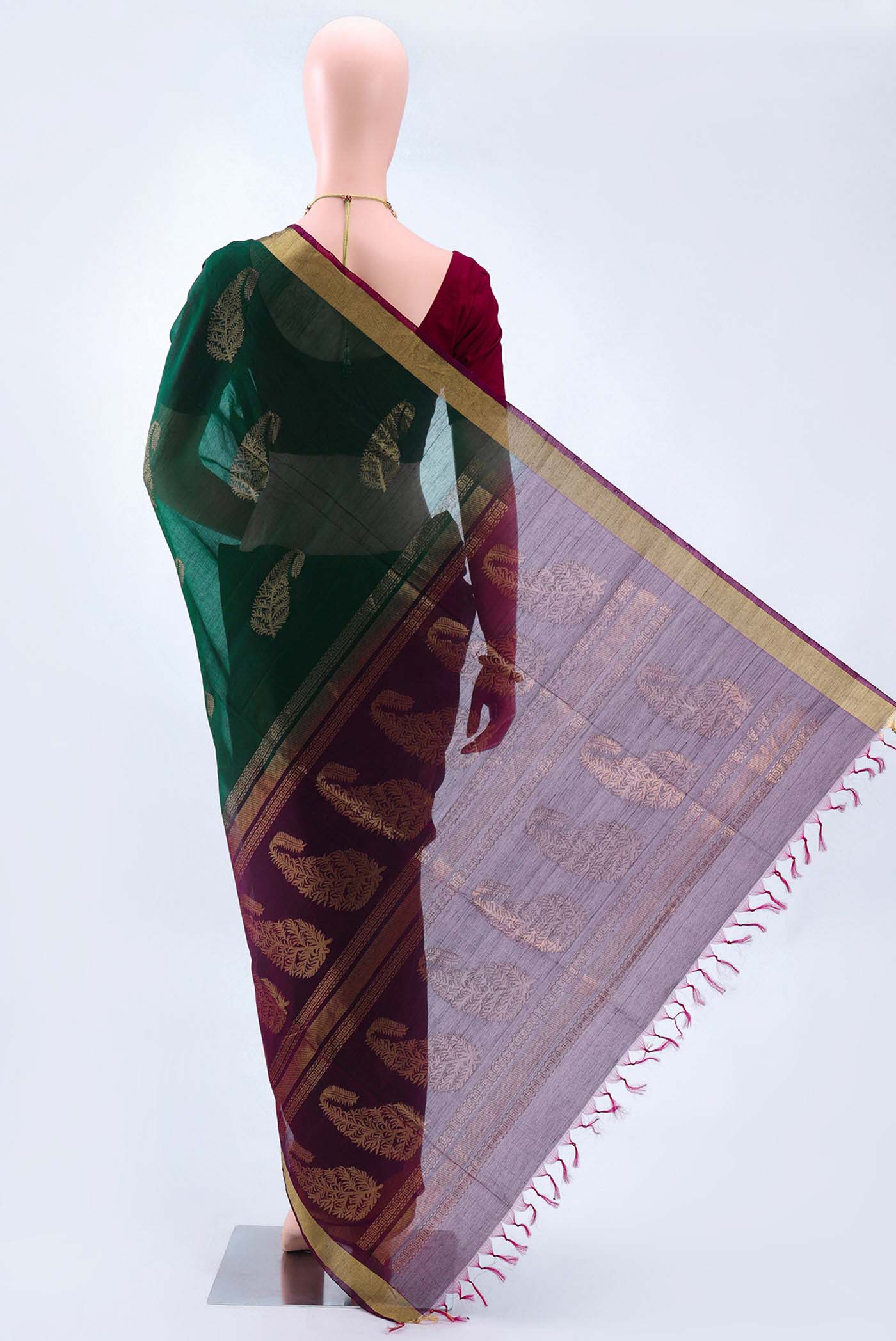 Bottle Green Kora Cotton Saree - Image 3