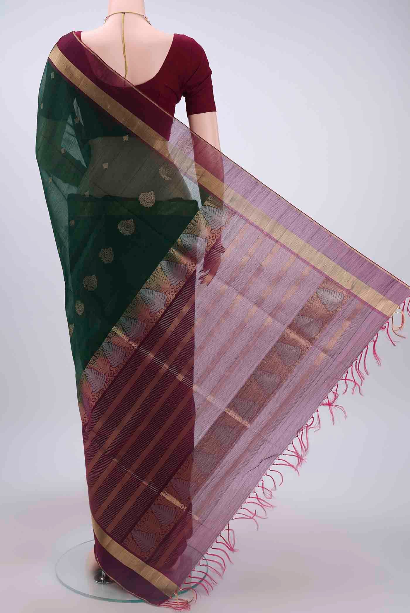 Bottle Green Kora Cotton Saree - Image 3