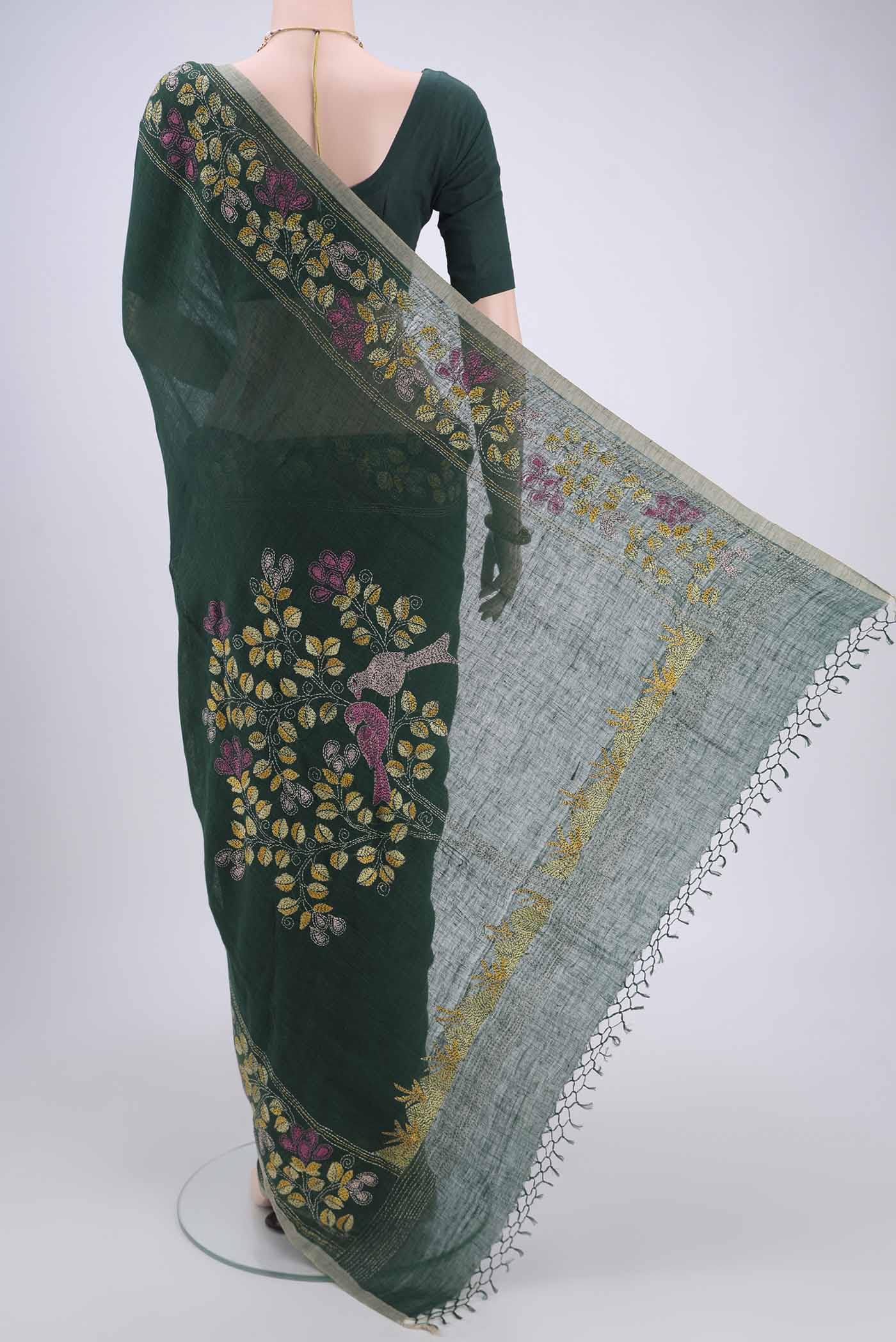Bottle Green Linen Saree - Image 3