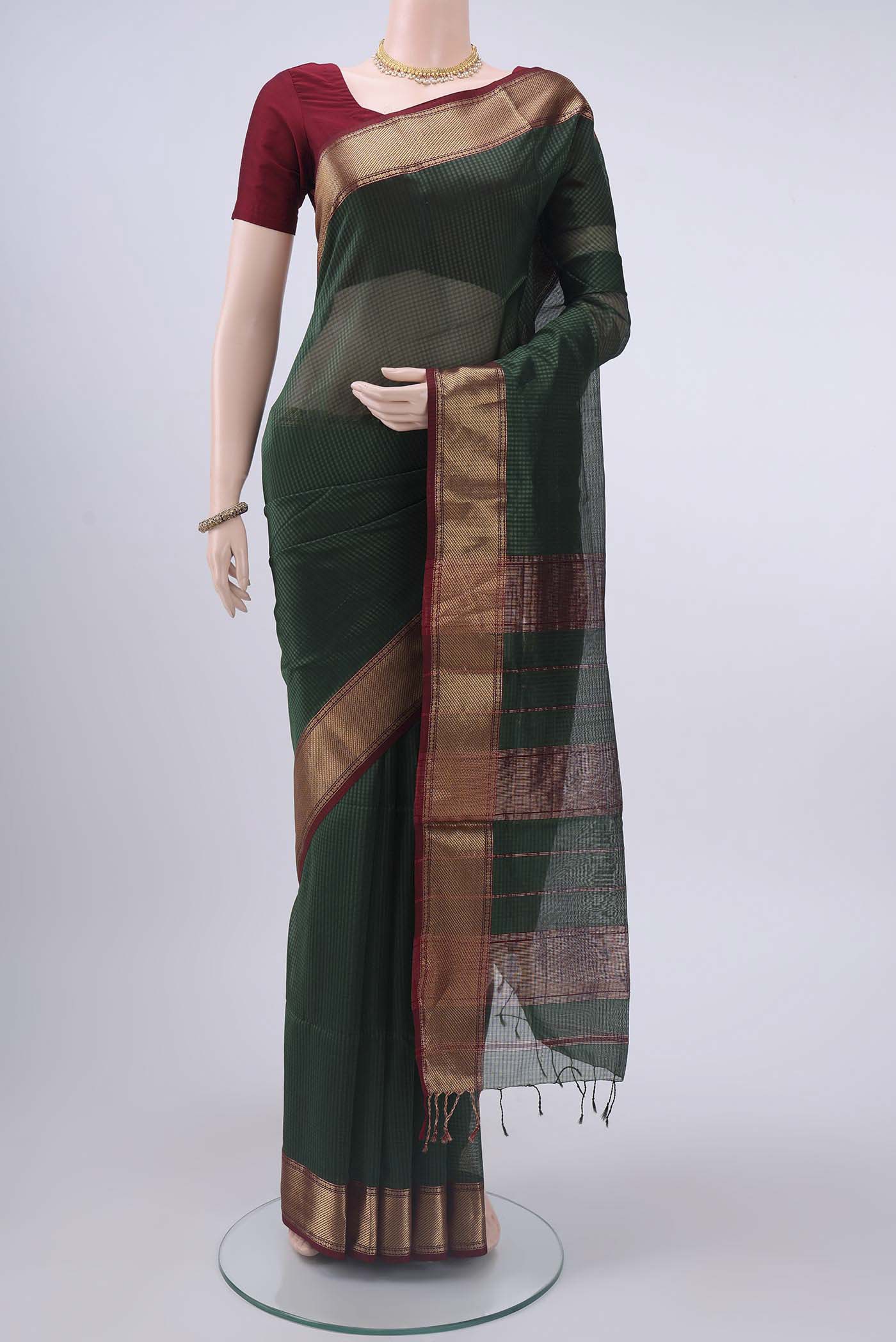 Bottle Green Maheshwari Silk Cotton Saree