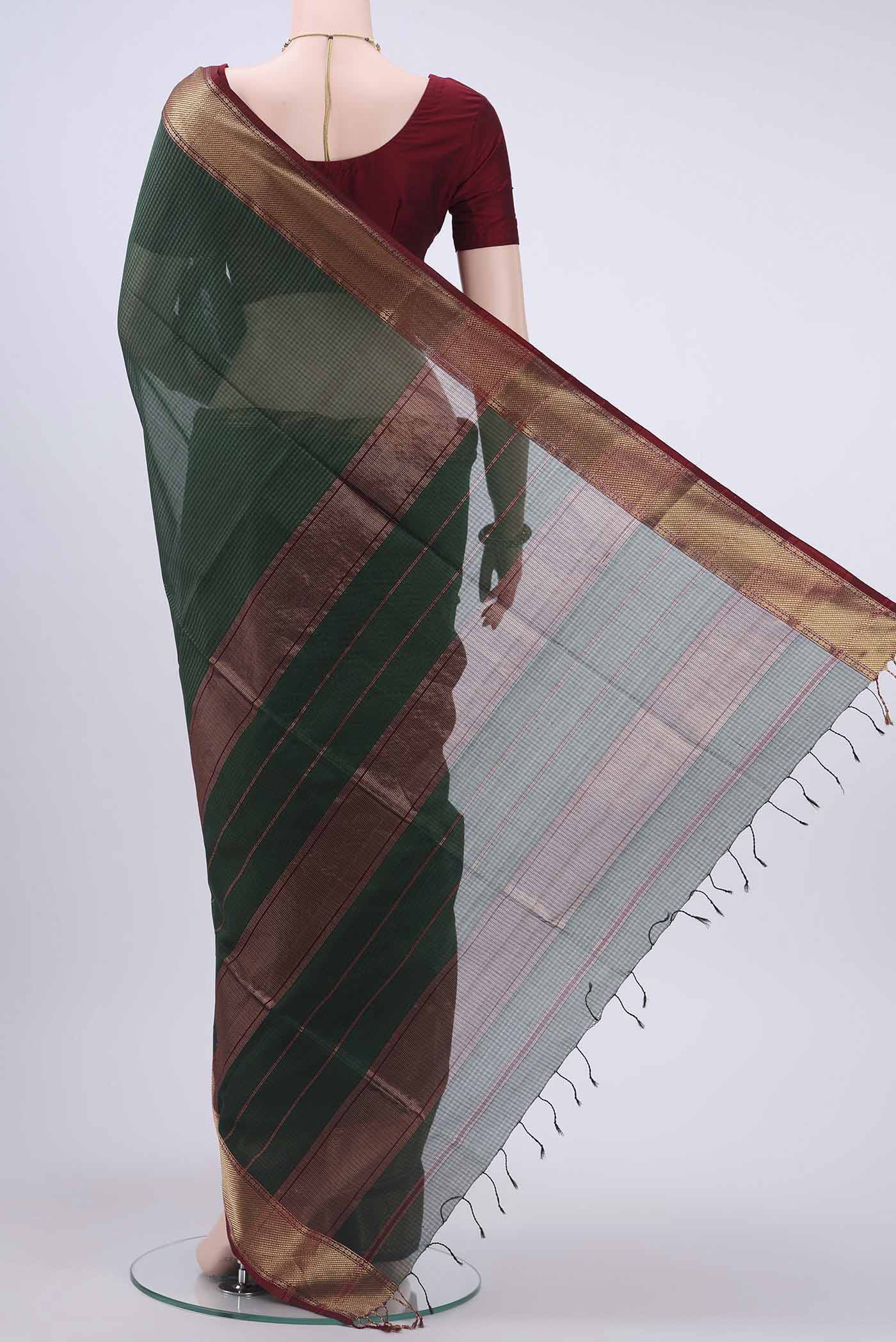 Bottle Green Maheshwari Silk Cotton Saree - Image 3
