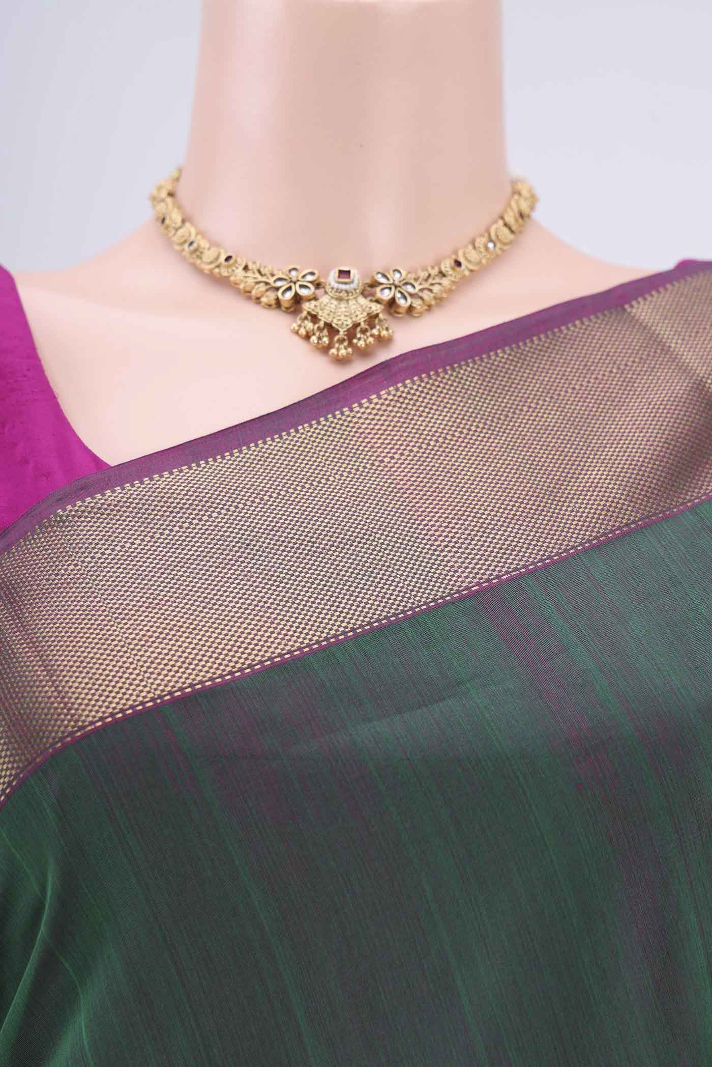 Green with Pink Color Maheshwari Silk Cotton Saree - Image 2