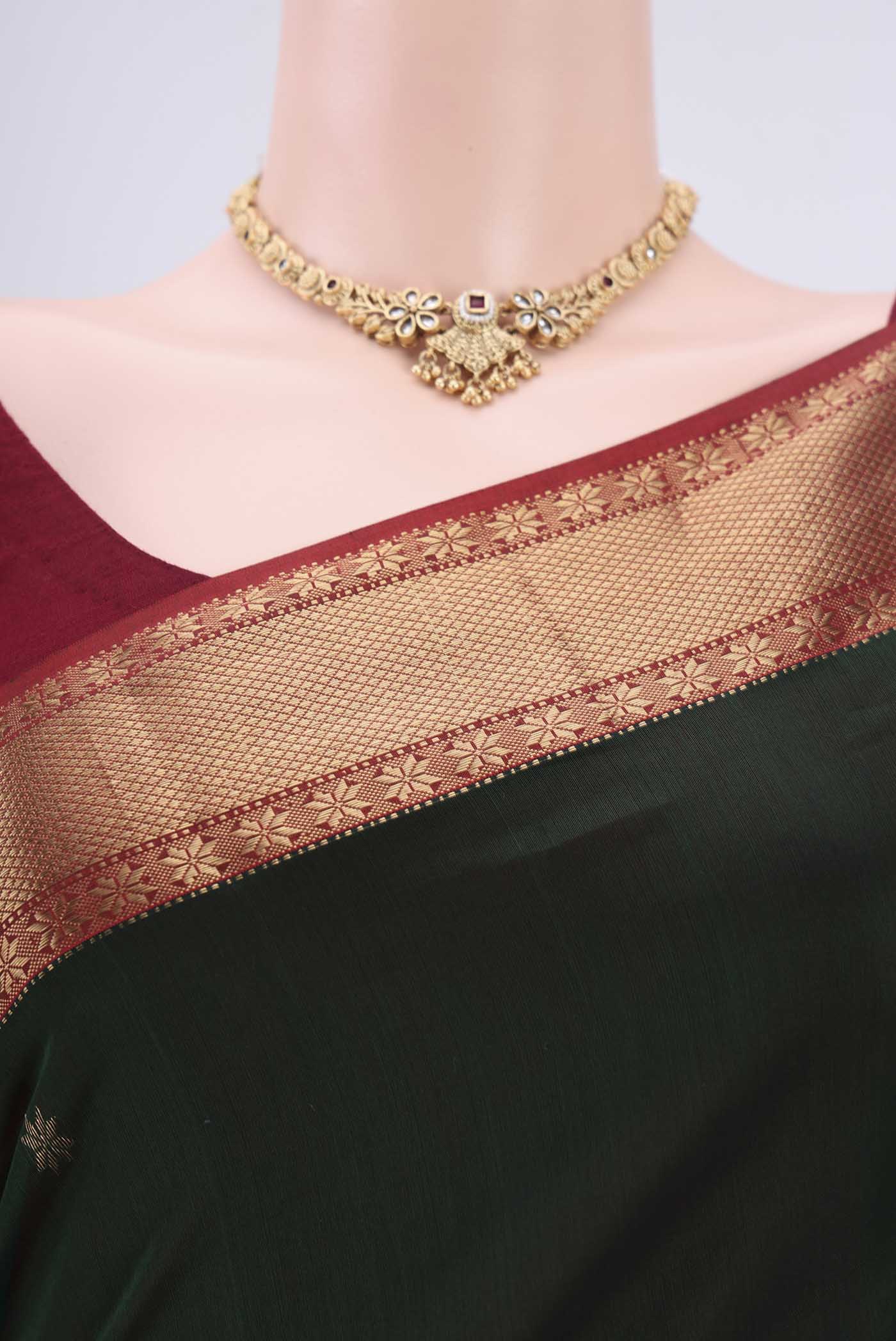Bottle Green Maheshwari Silk Cotton Saree - Image 2