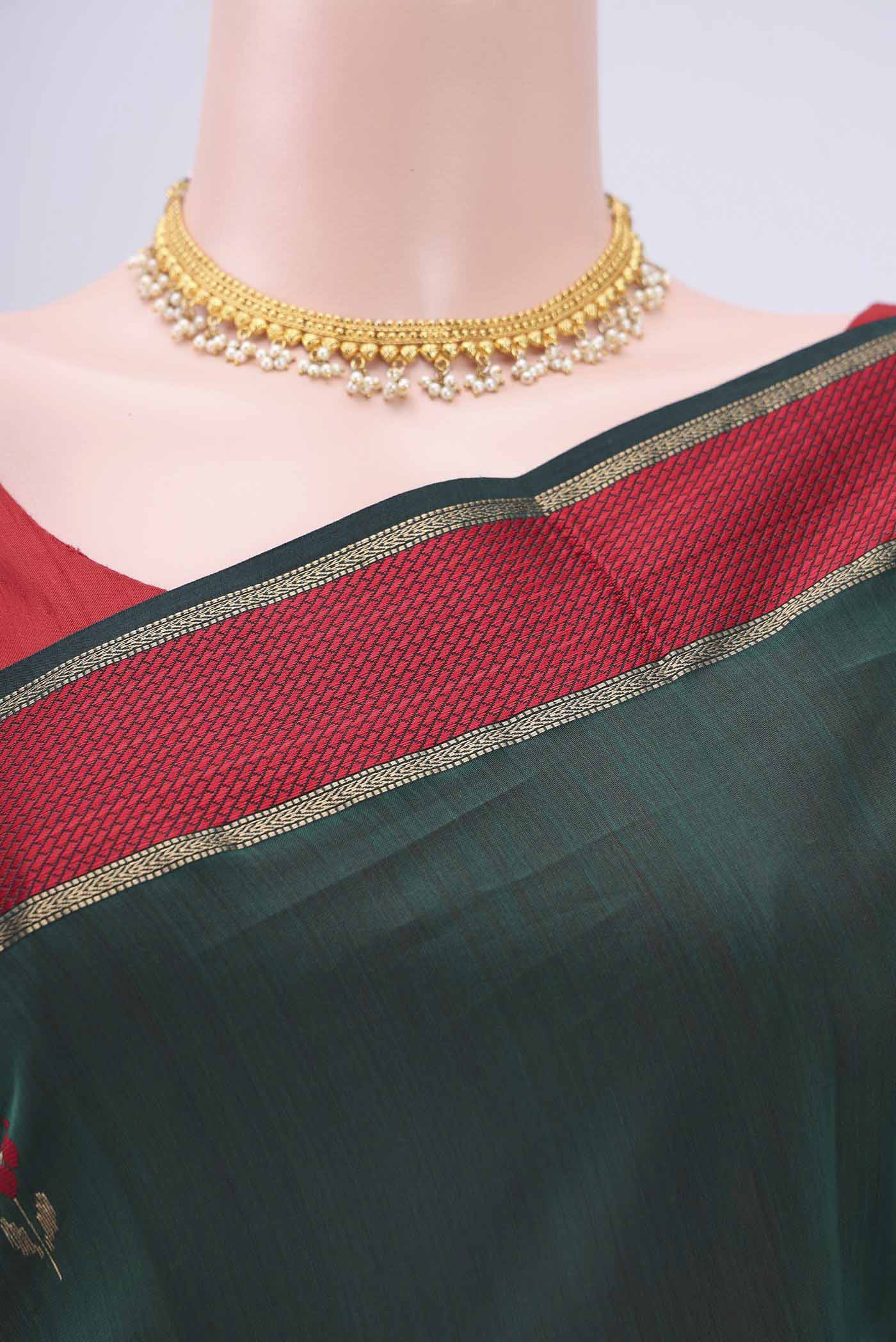 Bottle Green Maheshwari Silk Cotton Saree - Image 2