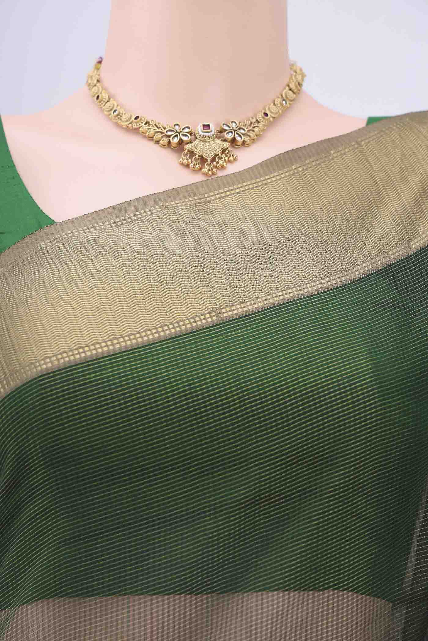 Bottle Green Maheshwari Silk Cotton Saree - Image 2
