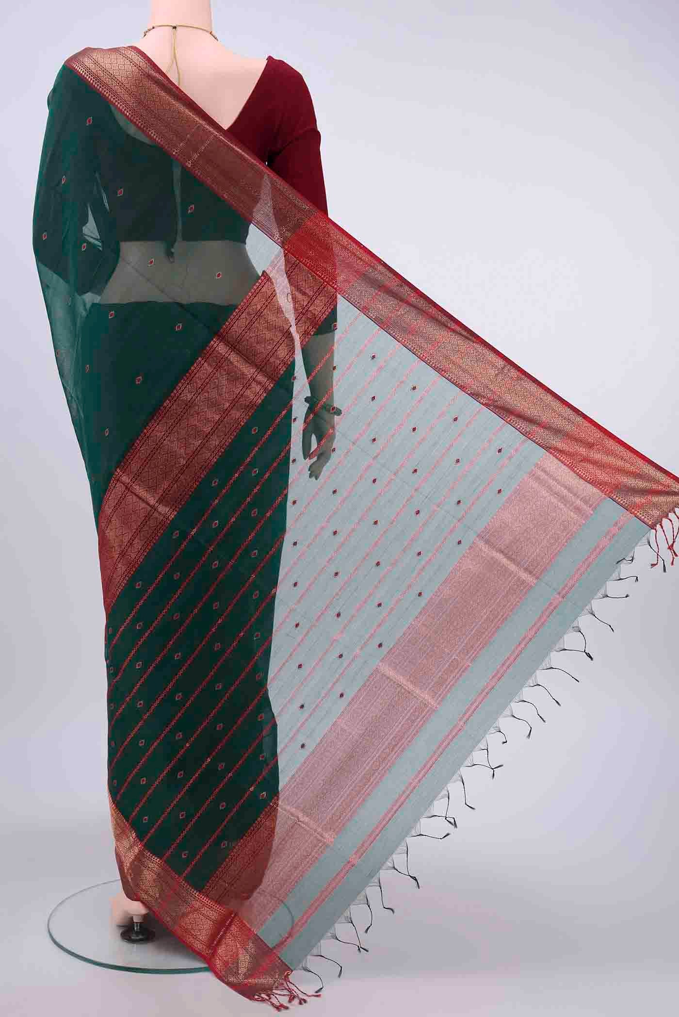 Bottle Green Maheshwari Silk Cotton Saree - Image 3