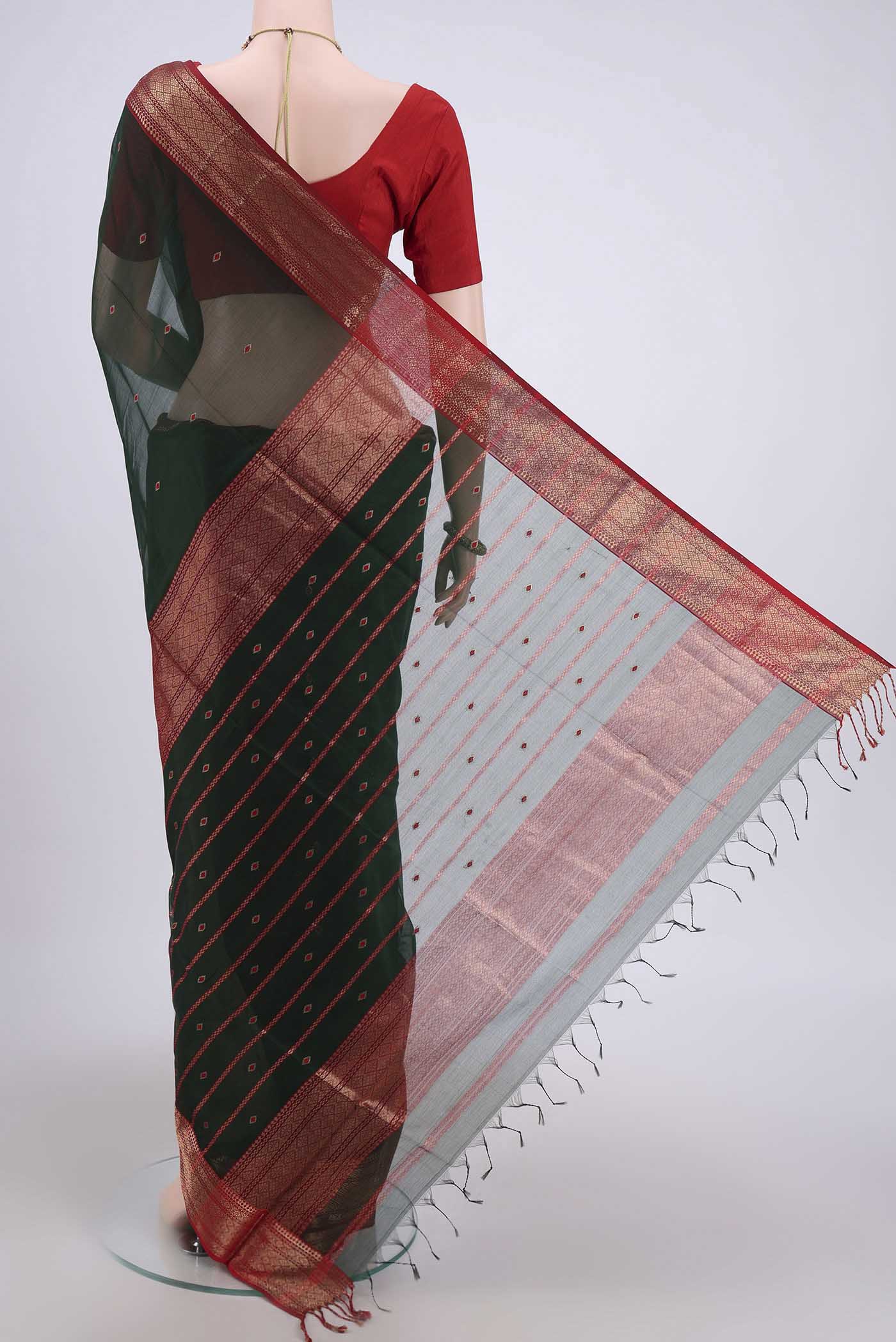 Bottle Green Maheshwari Silk Cotton Saree - Image 3