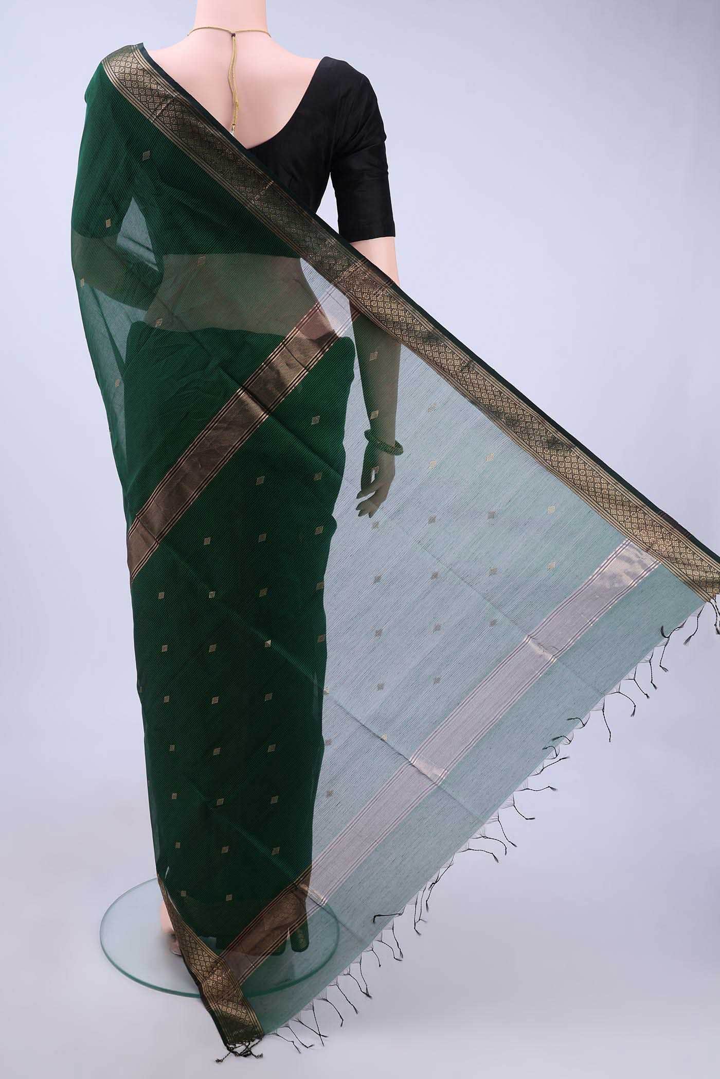 Bottle Green Maheshwari Silk Saree - Image 2