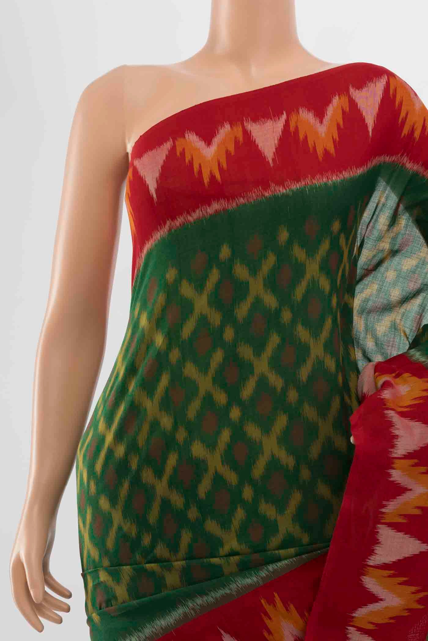Bottle Green Pochampally Cotton Saree - Image 2