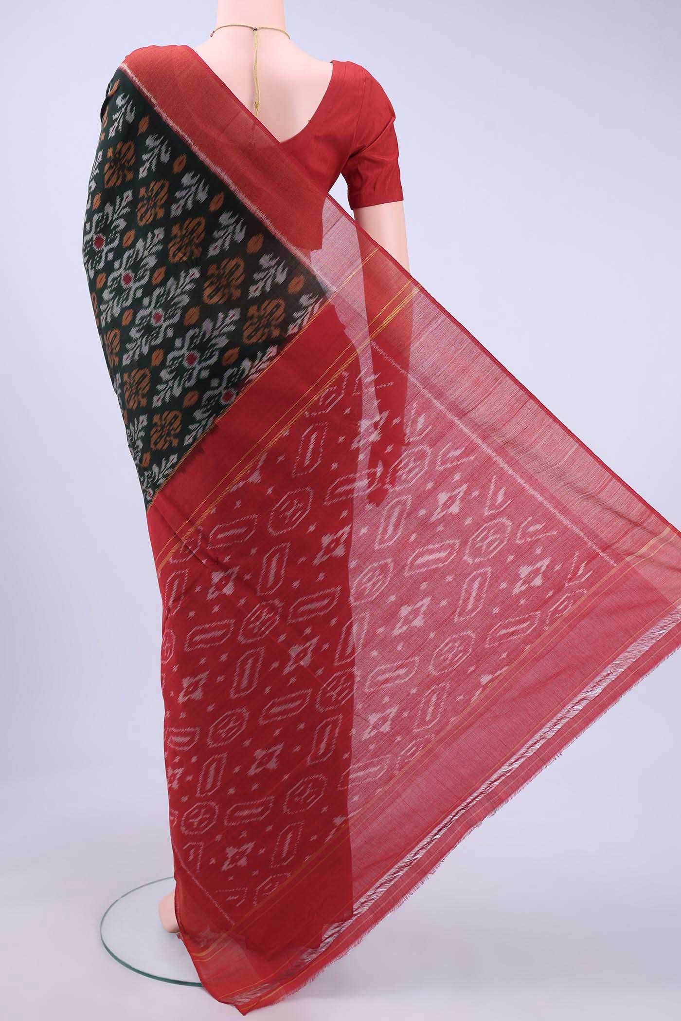 Bottle Green Pochampally Cotton Saree - Image 2