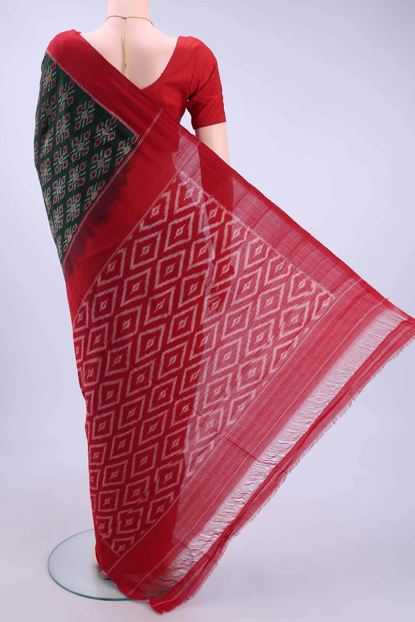 Bottle Green Pochampally Cotton Saree - Image 2