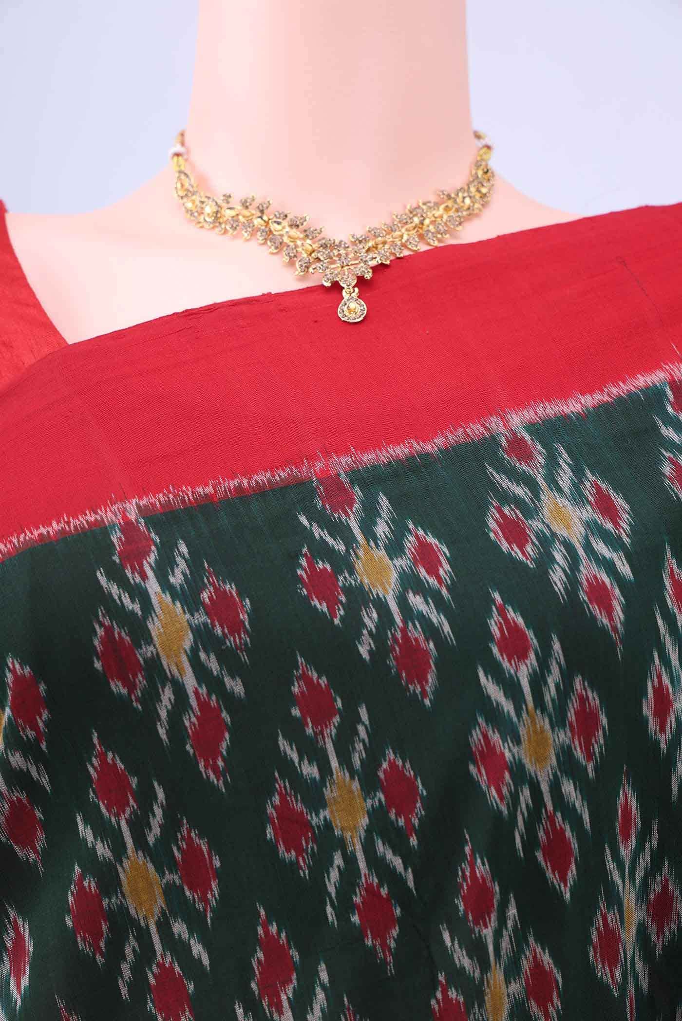 Bottle Green Pochampally Cotton Saree - Image 3