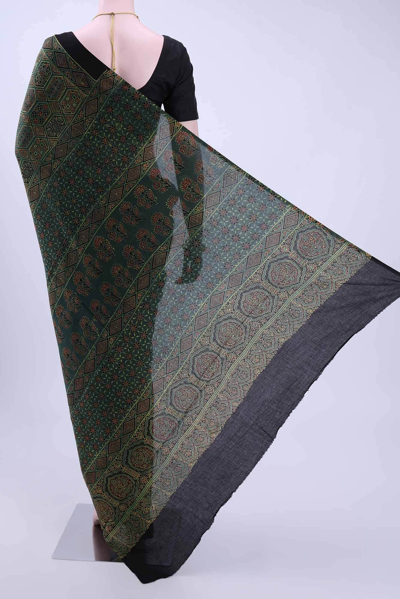 Bottle Green Printed Cotton Saree - Image 2