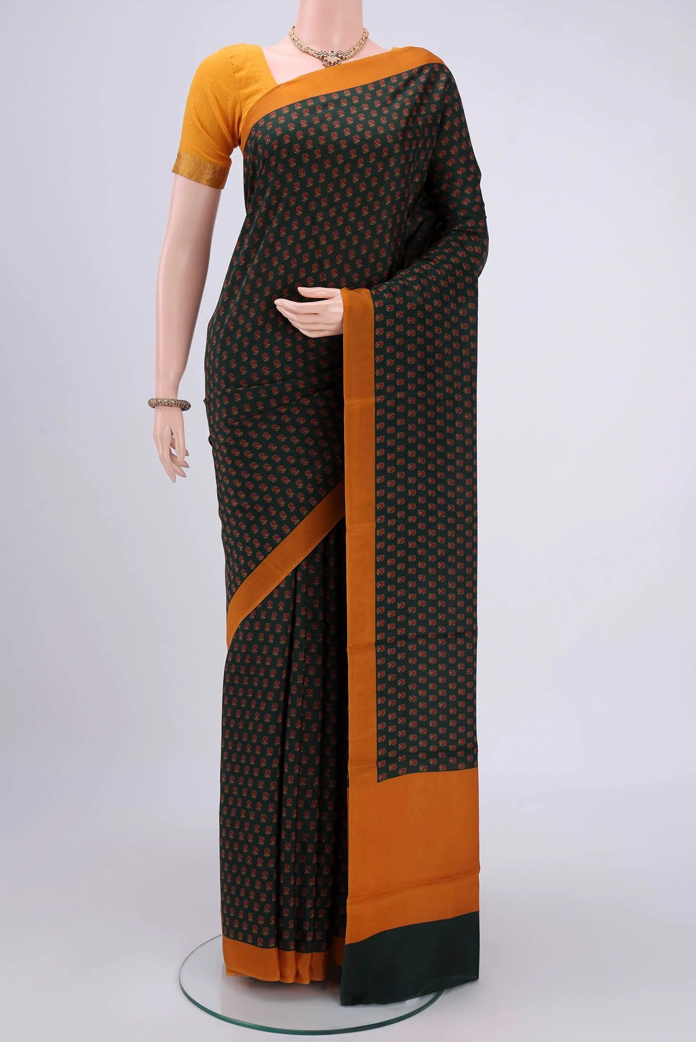 Bottle Green Printed Silk Saree