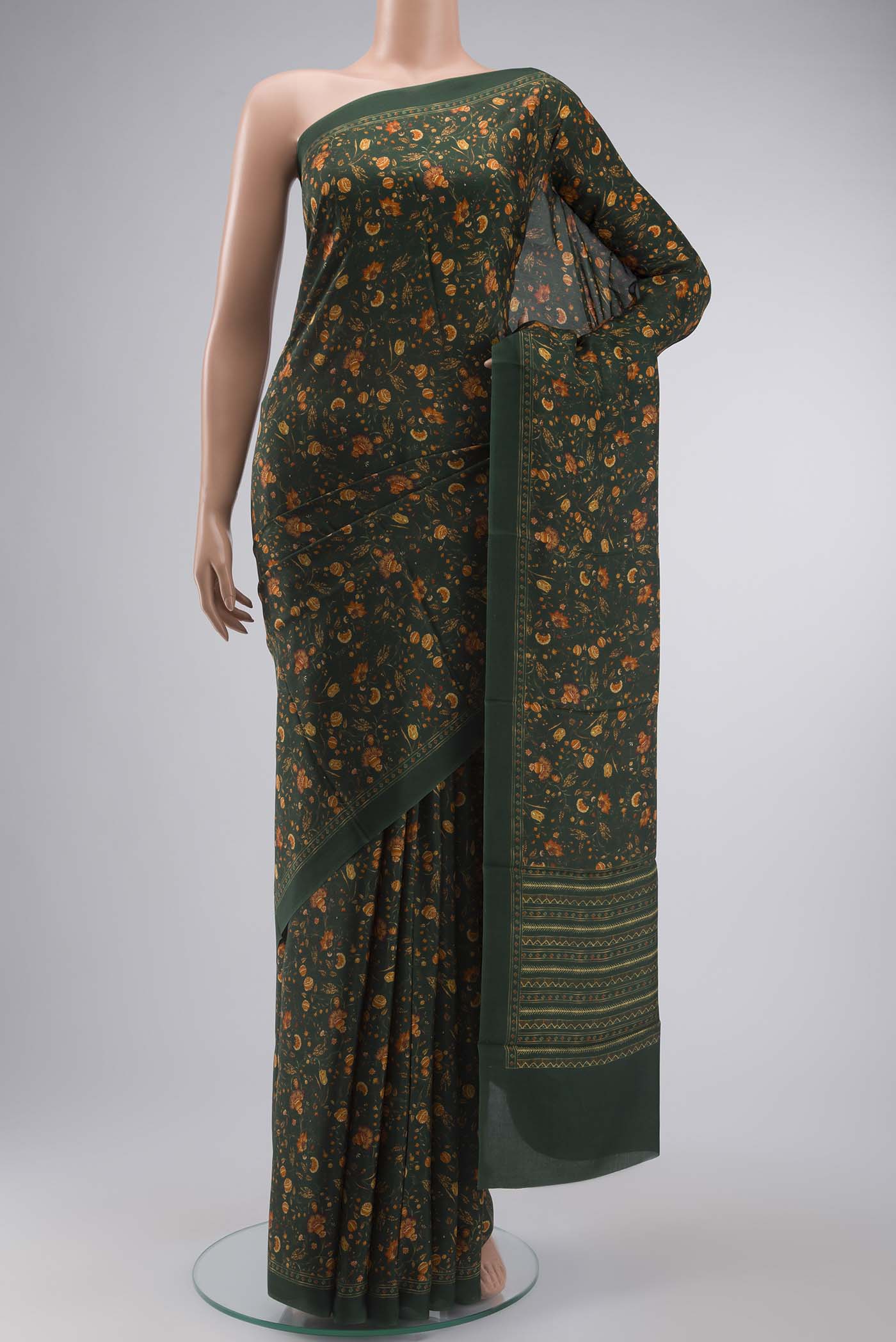 Bottle Green Printed Silk Saree