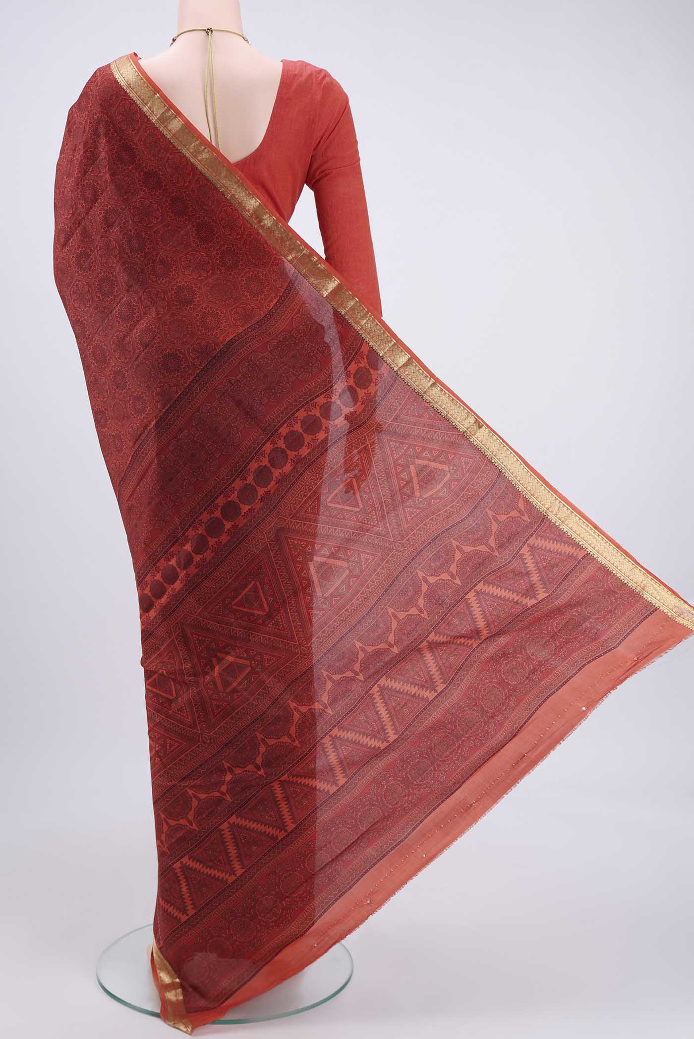 Brick Orange Printed Silk Saree - Image 3