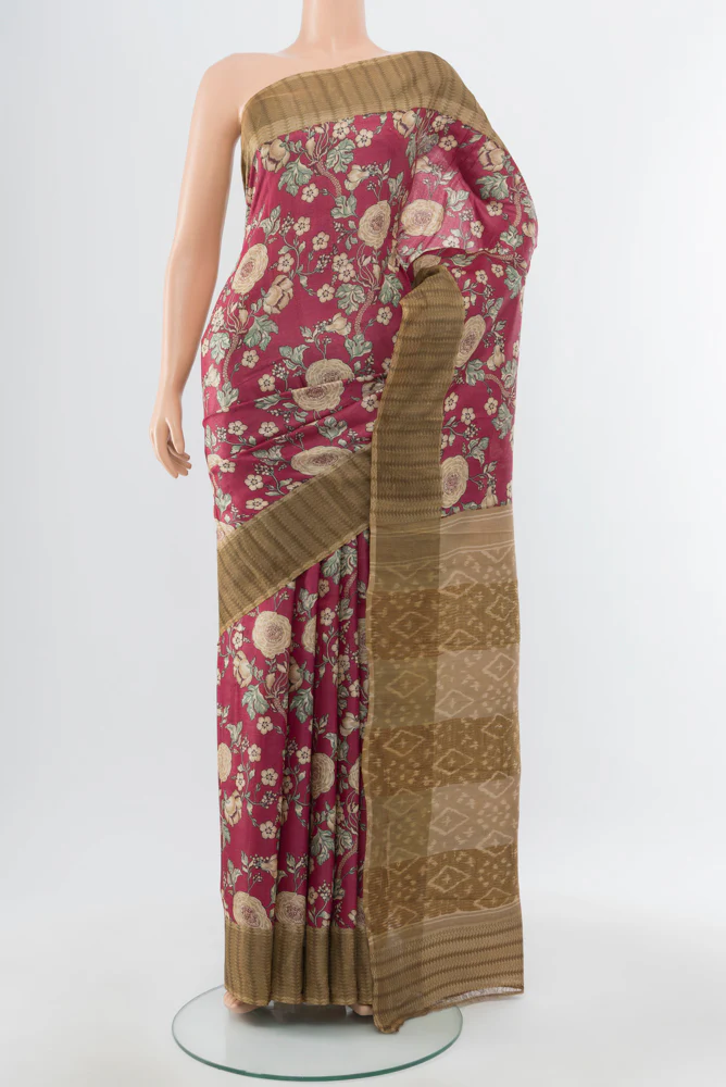 Dark Pink Tussar Silk Saree