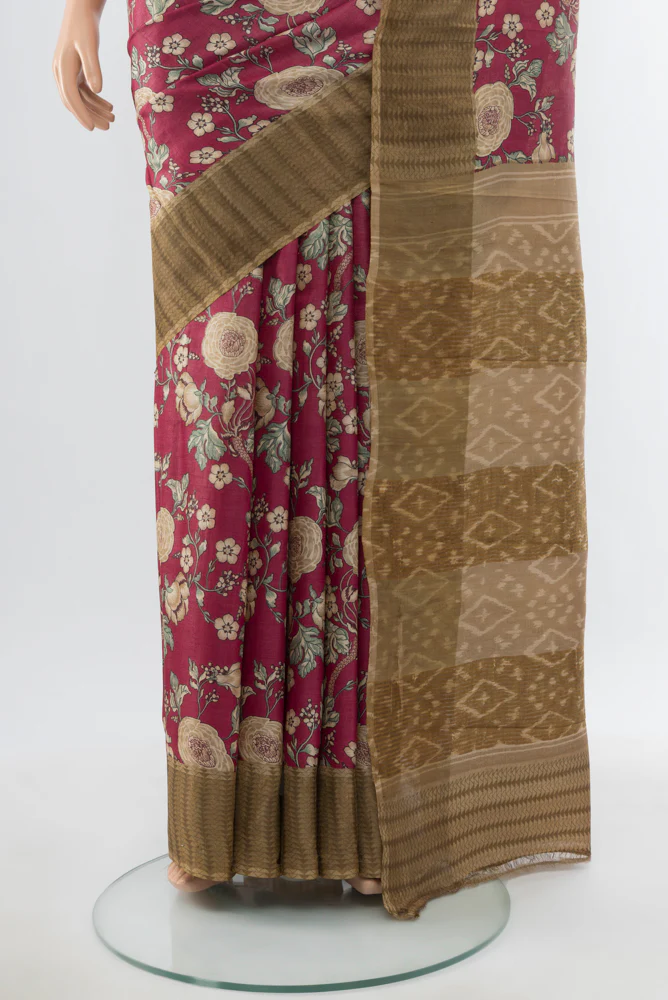 Dark Pink Tussar Silk Saree - Image 3