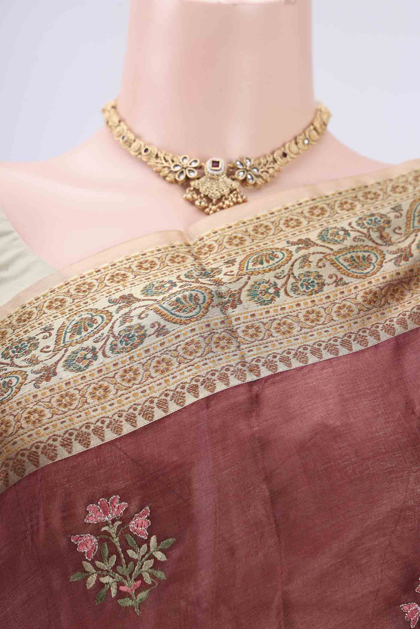 Brown Banarasi Tussar Silk Saree - Image 2