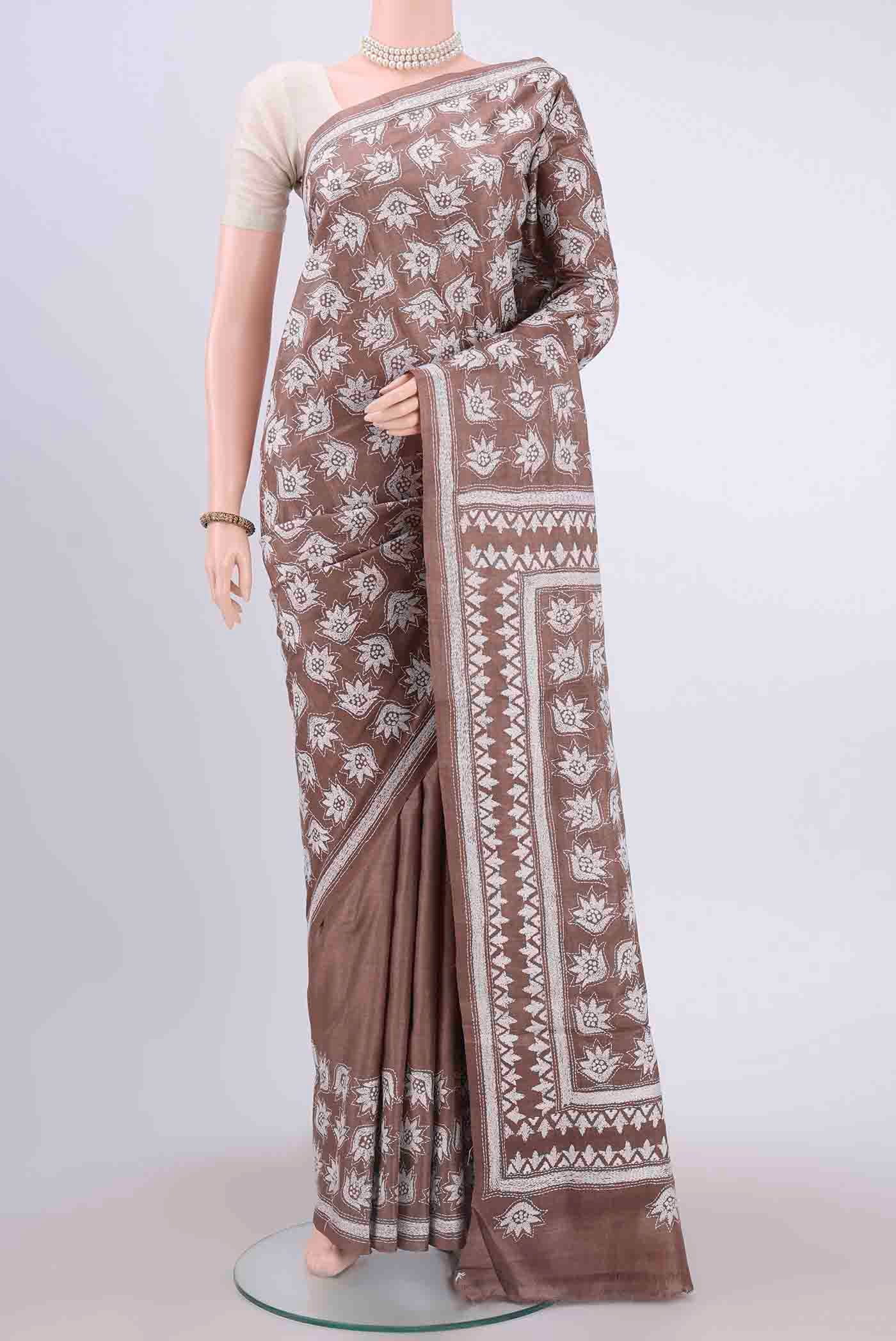 Brown Kantha Silk Saree