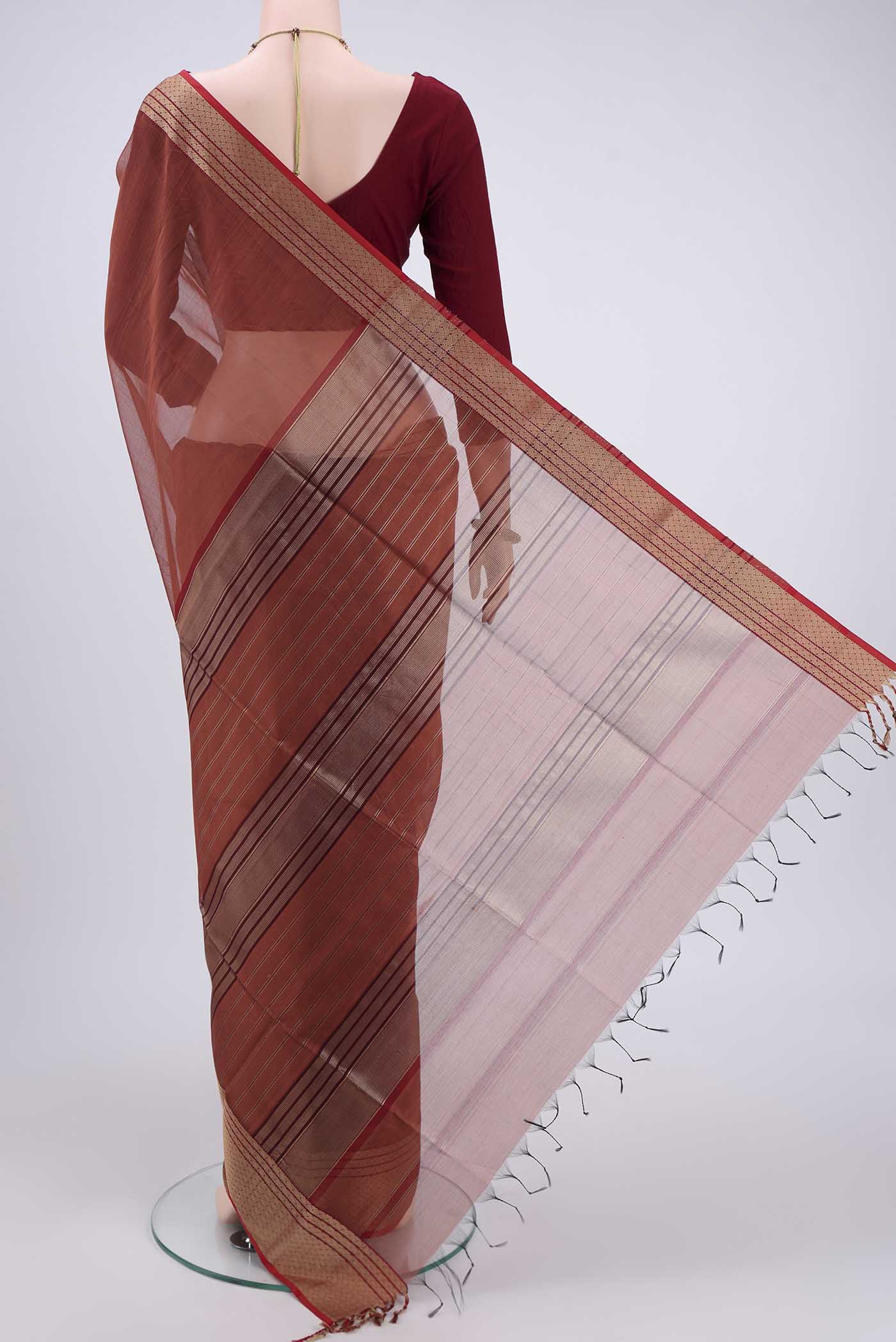 Brown Maheshwari Silk Cotton Saree - Image 3