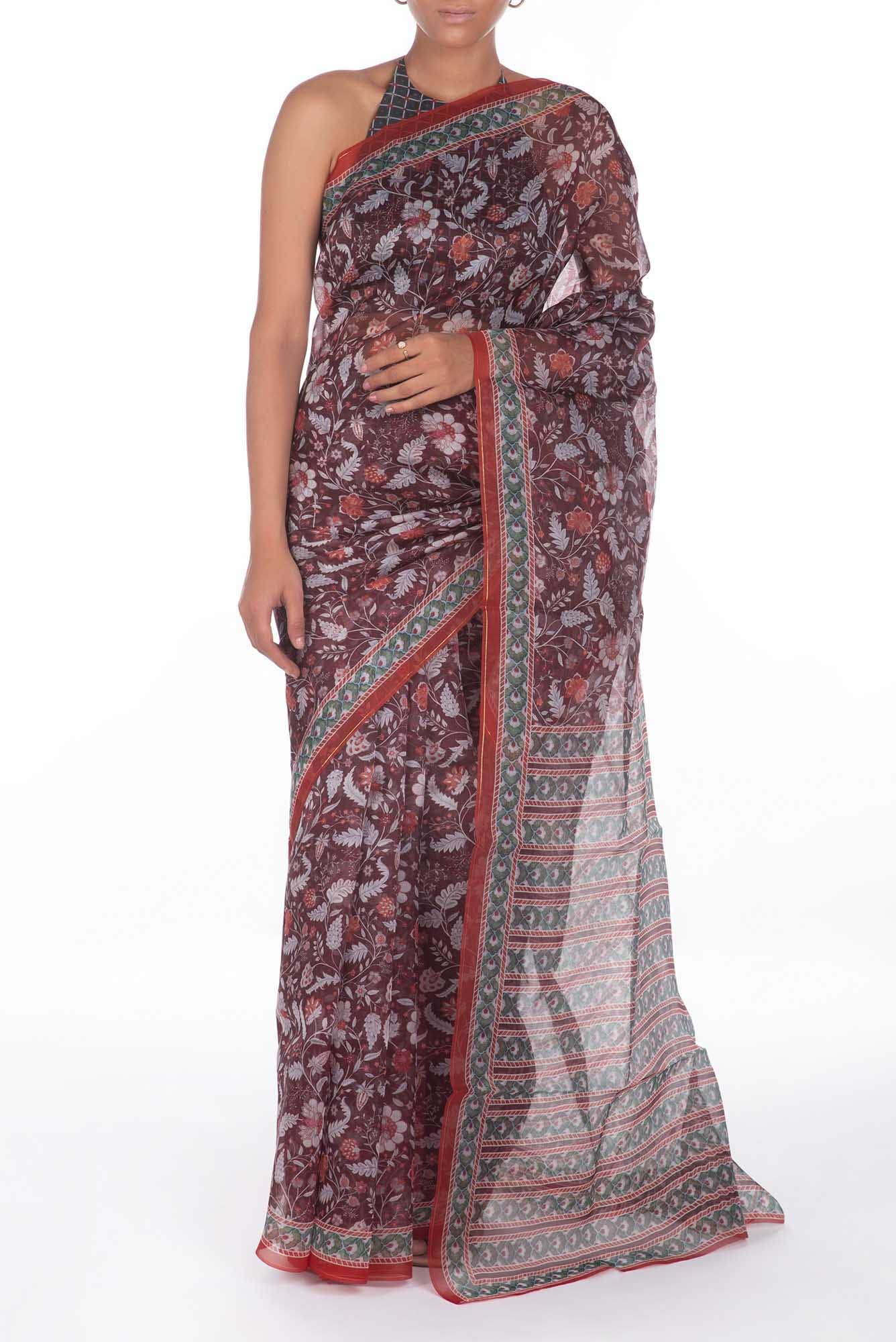 Guldasta Brown floral design saree from Chintz Collection, Designed by Nalli - Image 2