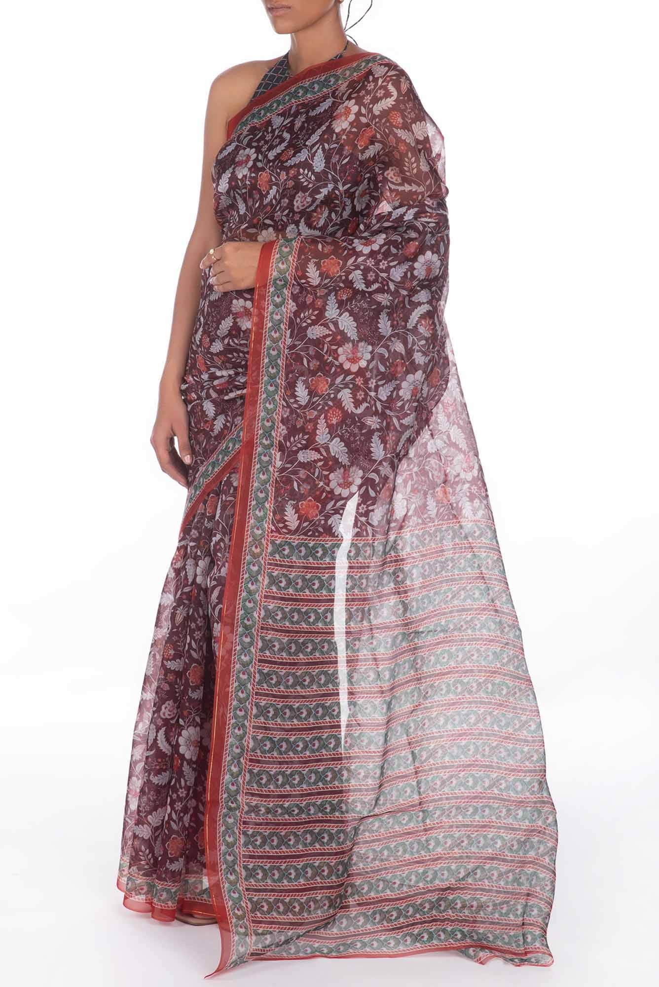 Guldasta Brown floral design saree from Chintz Collection, Designed by Nalli - Image 4