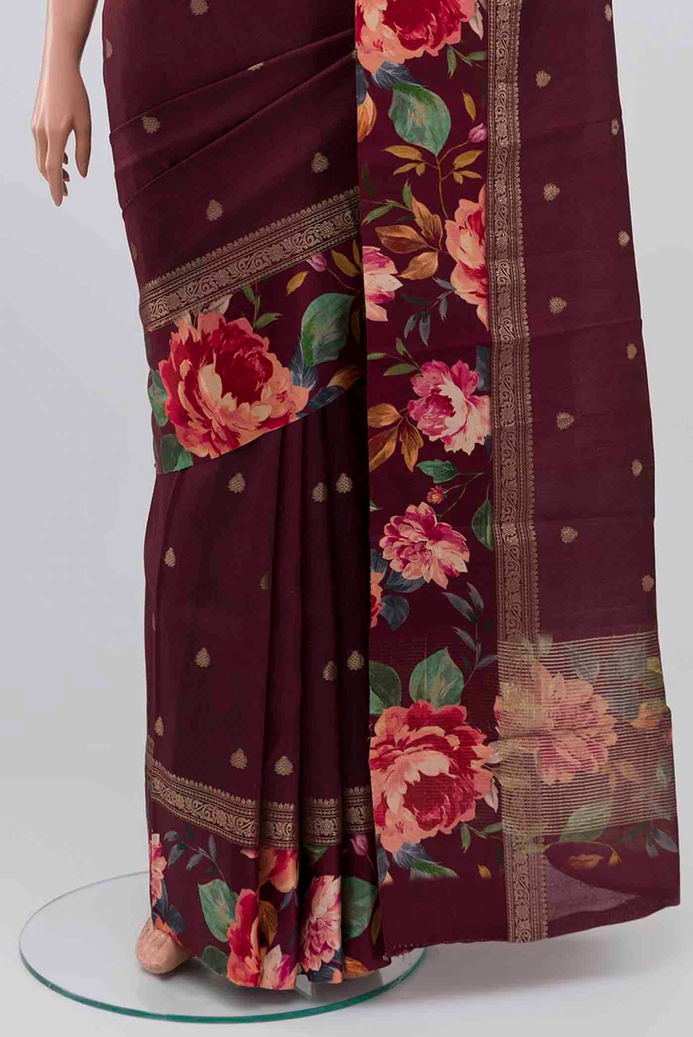 Burgundy Tussar Silk Saree - Image 3