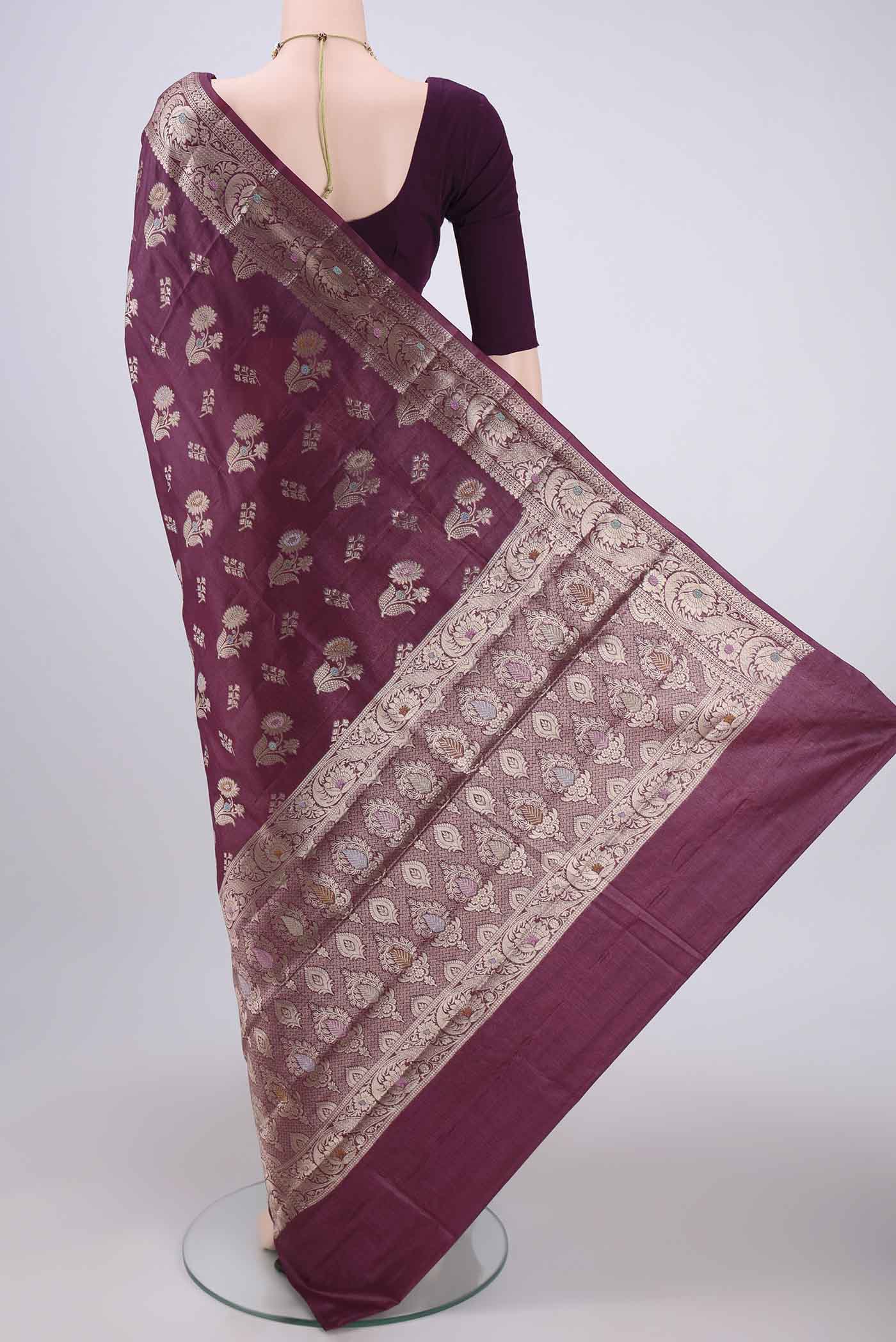 Burgundy Banarasi Tussar Silk Saree - Image 3