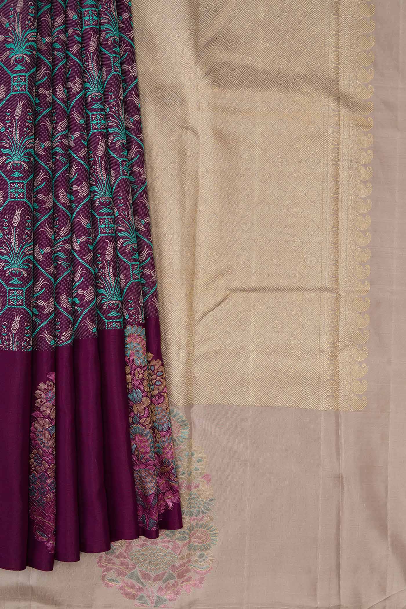 Burgundy Dual Tone Kanchipuram Silk Saree - Image 5
