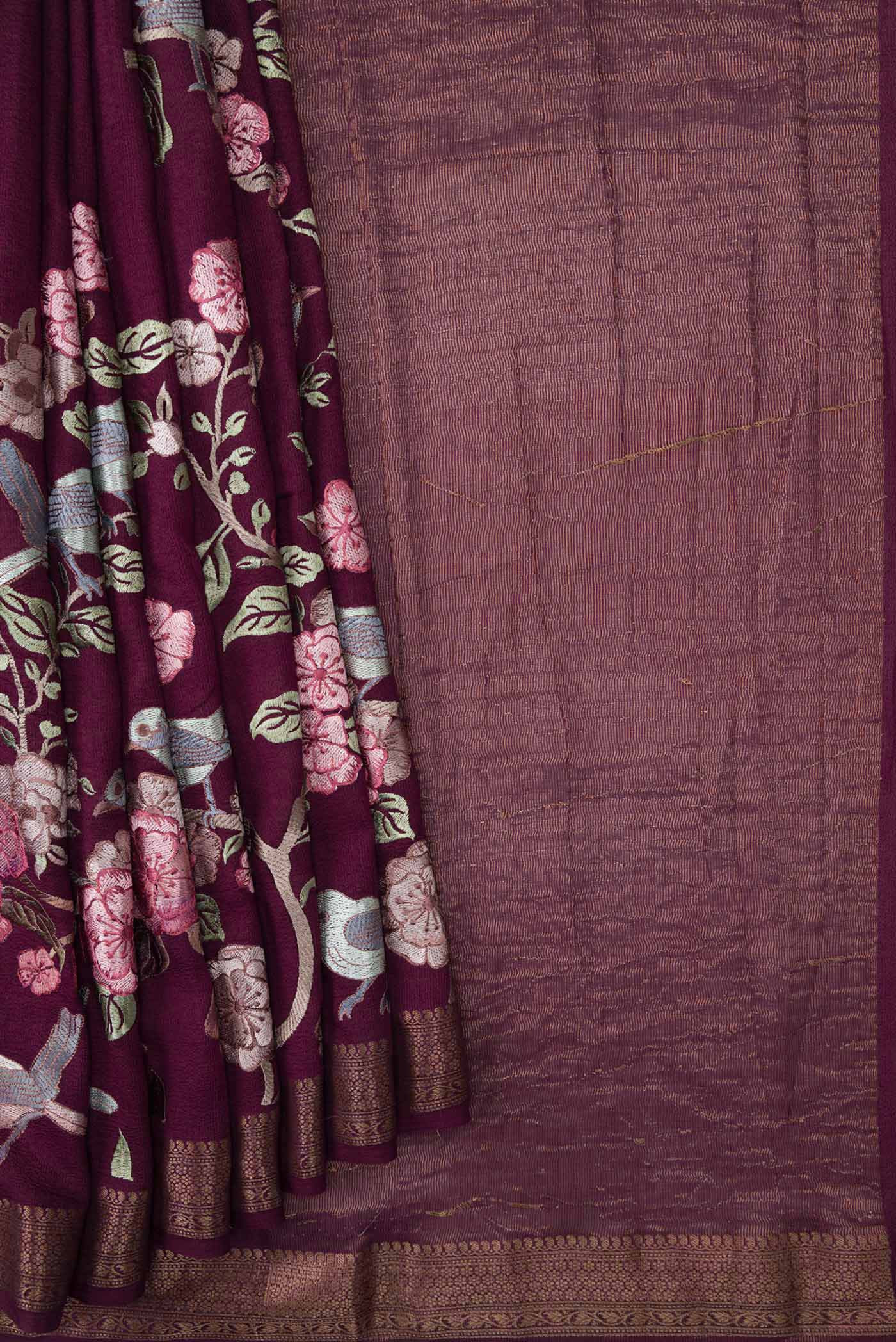 Burgundy Dual Tone Tussar Silk Saree - Image 4