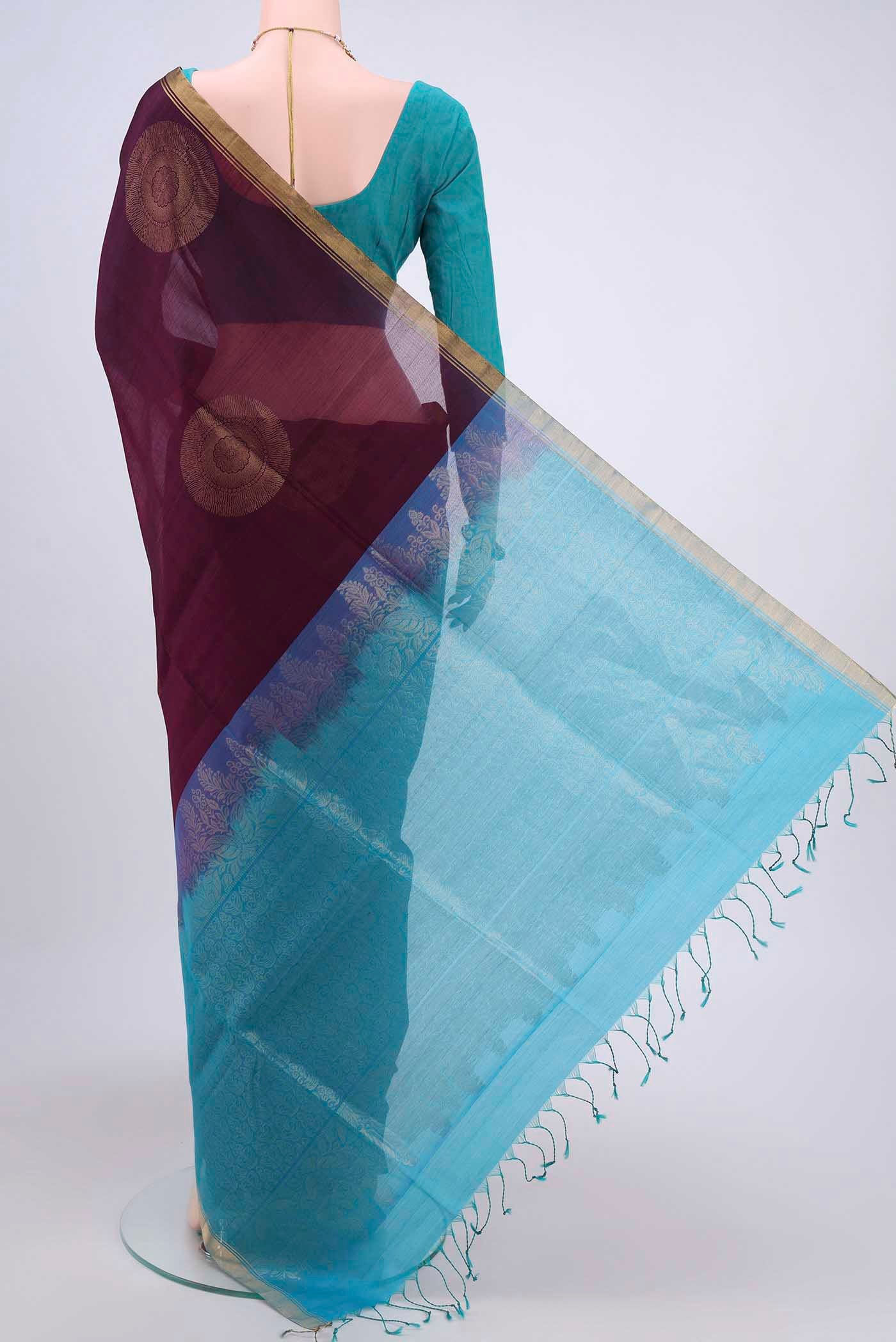 Burgundy Silk Cotton Saree - Image 3