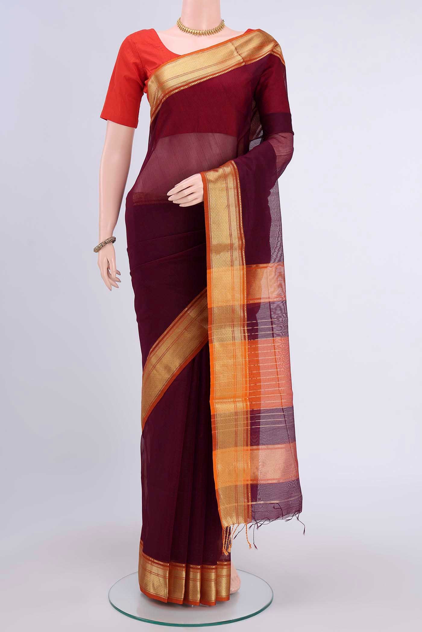 Burgundy Maheshwari Silk Cotton Saree