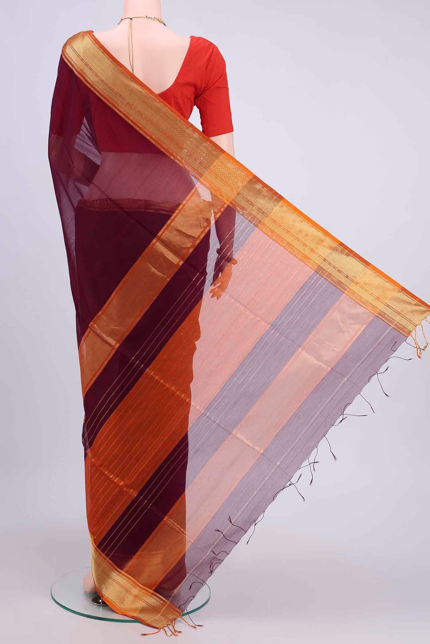 Burgundy Maheshwari Silk Cotton Saree - Image 3