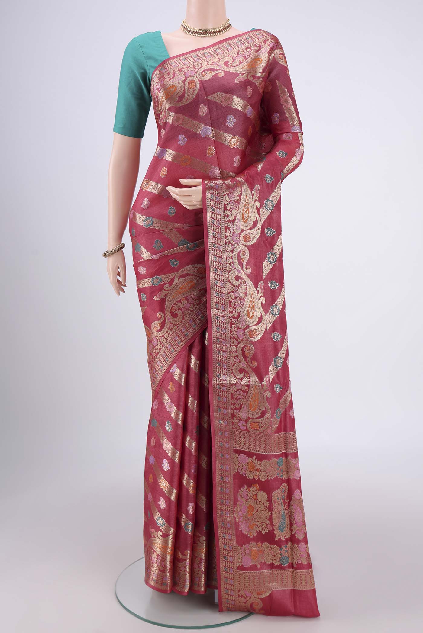 Coral Banarasi Tussar Silk Saree