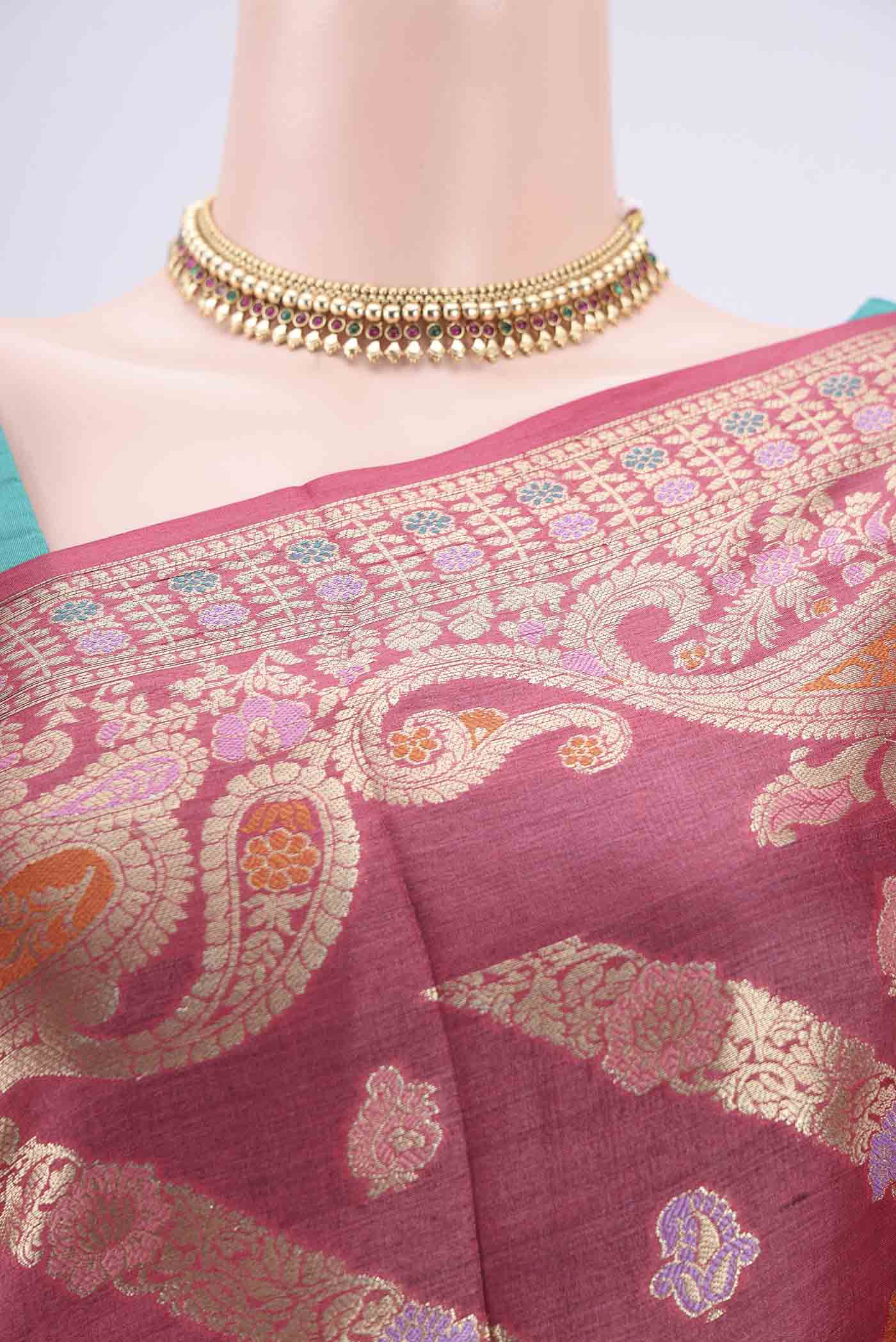 Coral Banarasi Tussar Silk Saree - Image 2