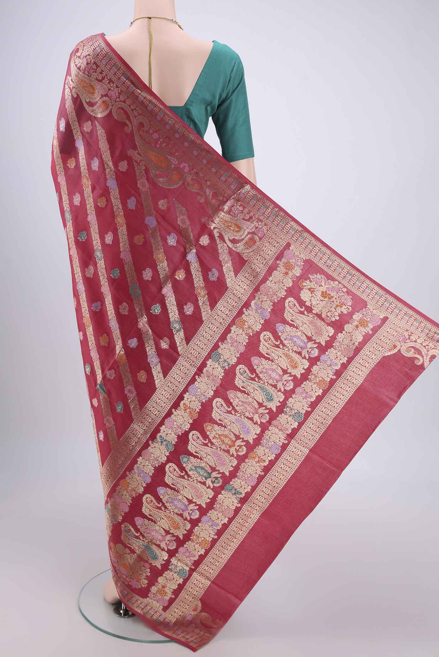 Coral Banarasi Tussar Silk Saree - Image 3