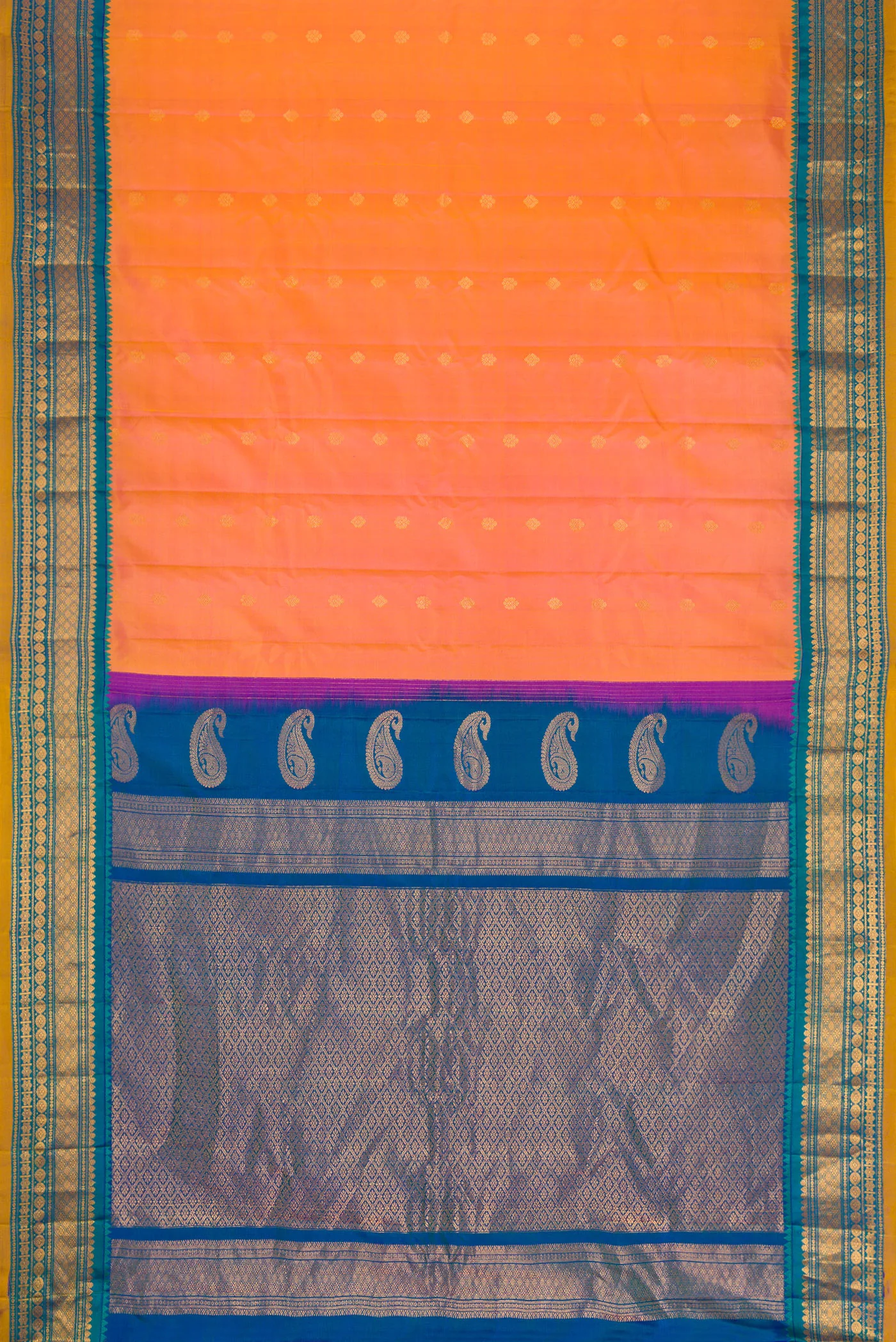 Peach with Yellow Color Gadwal Silk Saree - Image 6