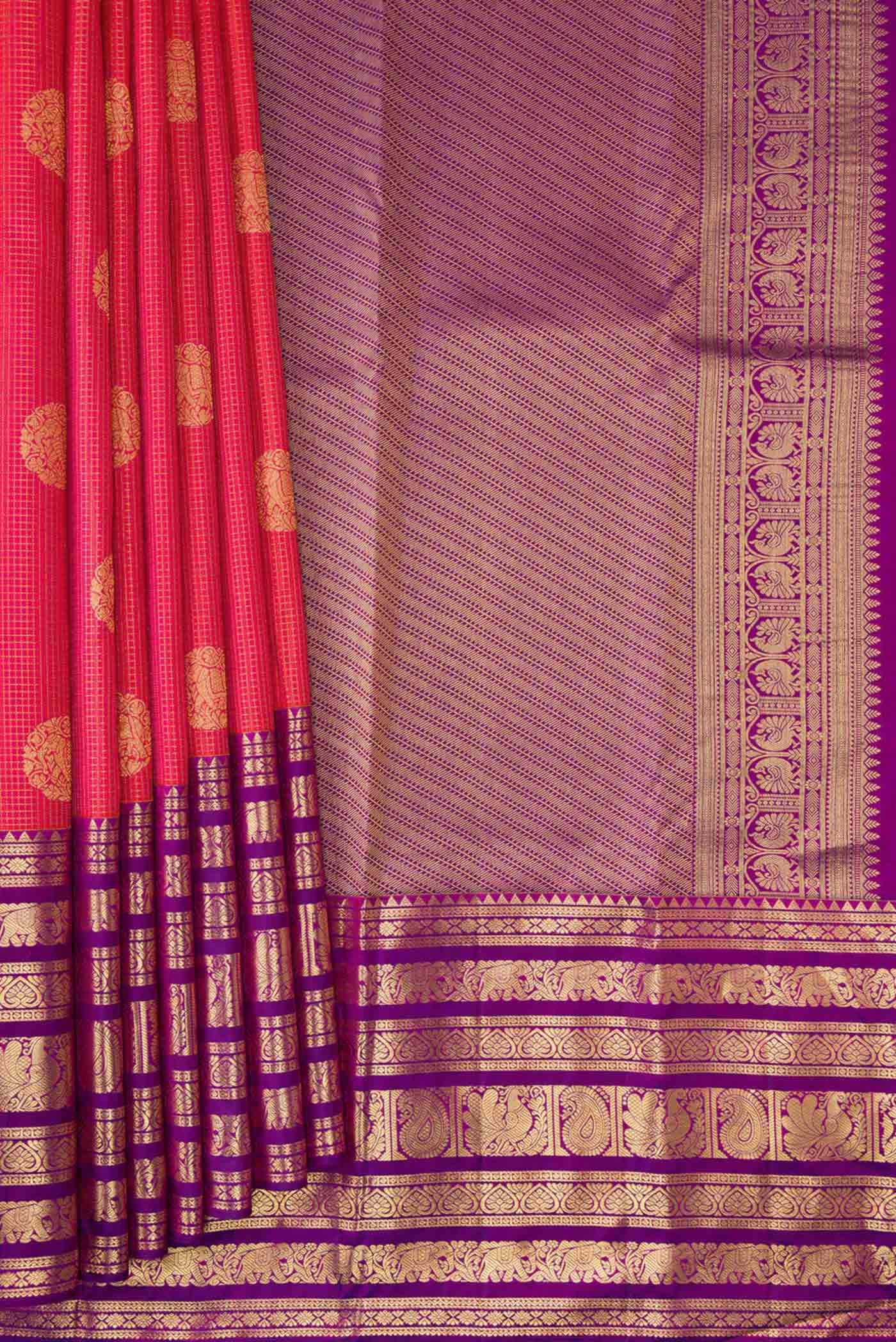 Coral Dual Tone Kanjivaram Silk Saree - Image 4