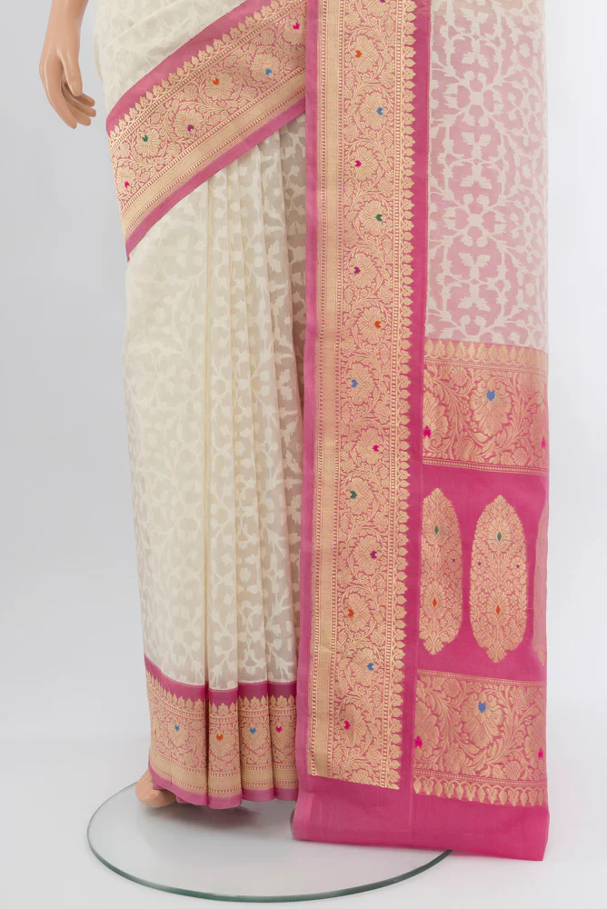 Cream Banarasi Kora Silk Saree - Image 3
