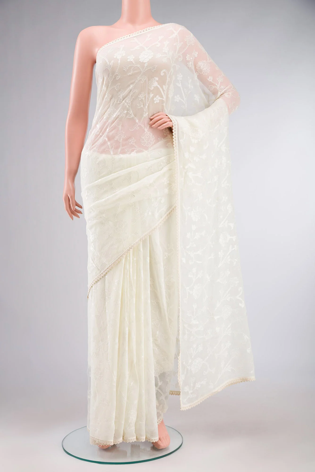 Cream Blended Chiffon Saree