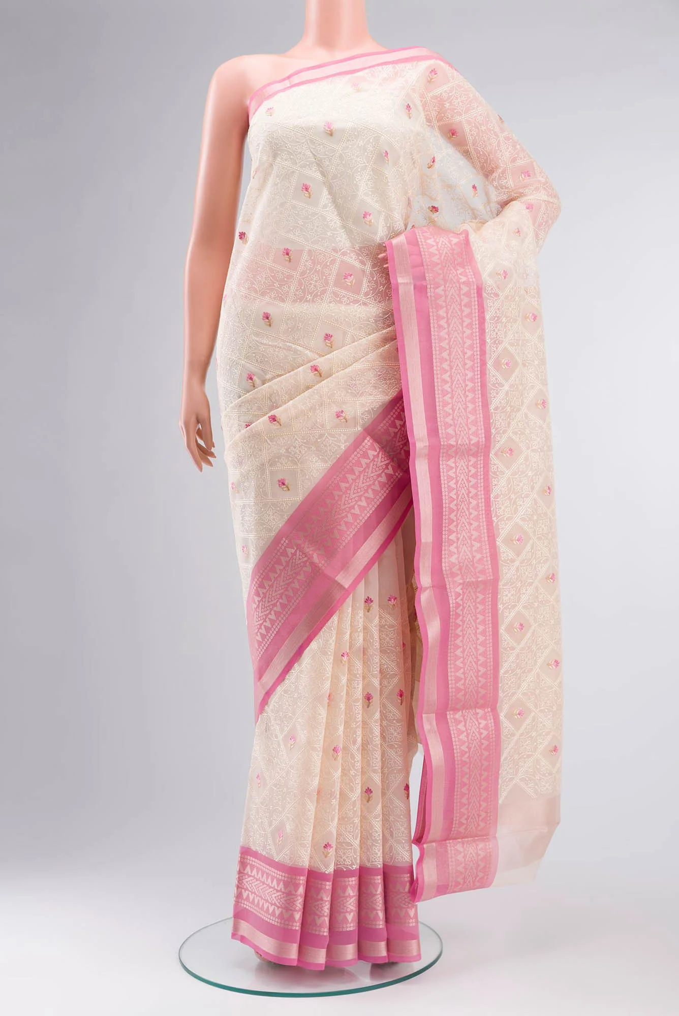 Cream Blended Kora Cotton Saree