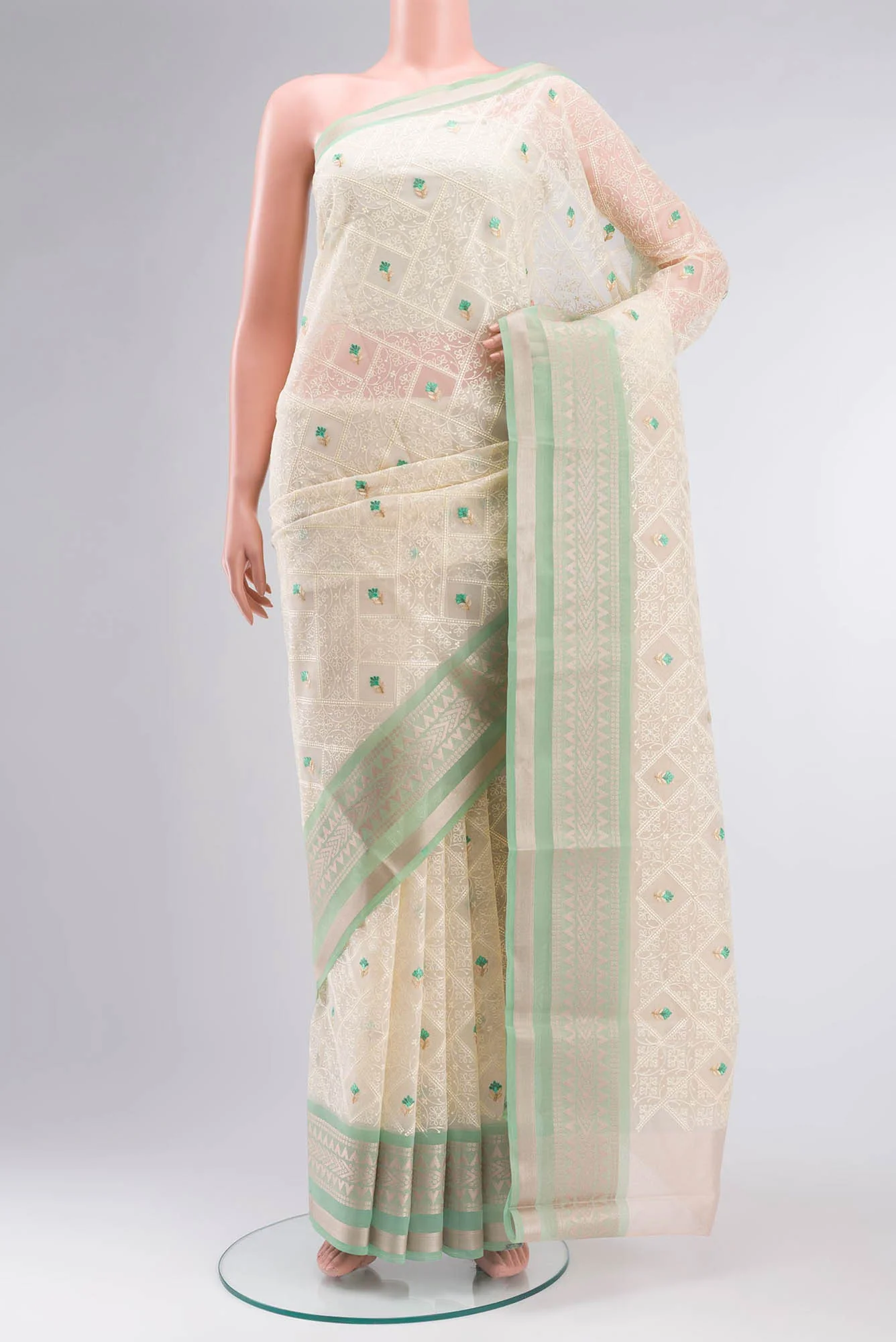Cream Blended Kora Cotton Saree