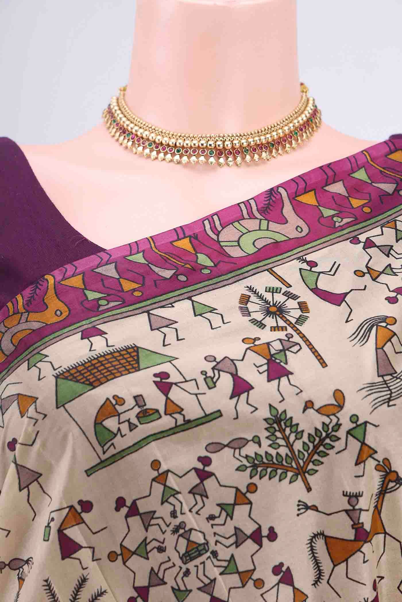 Cream Printed Silk Saree - Image 2